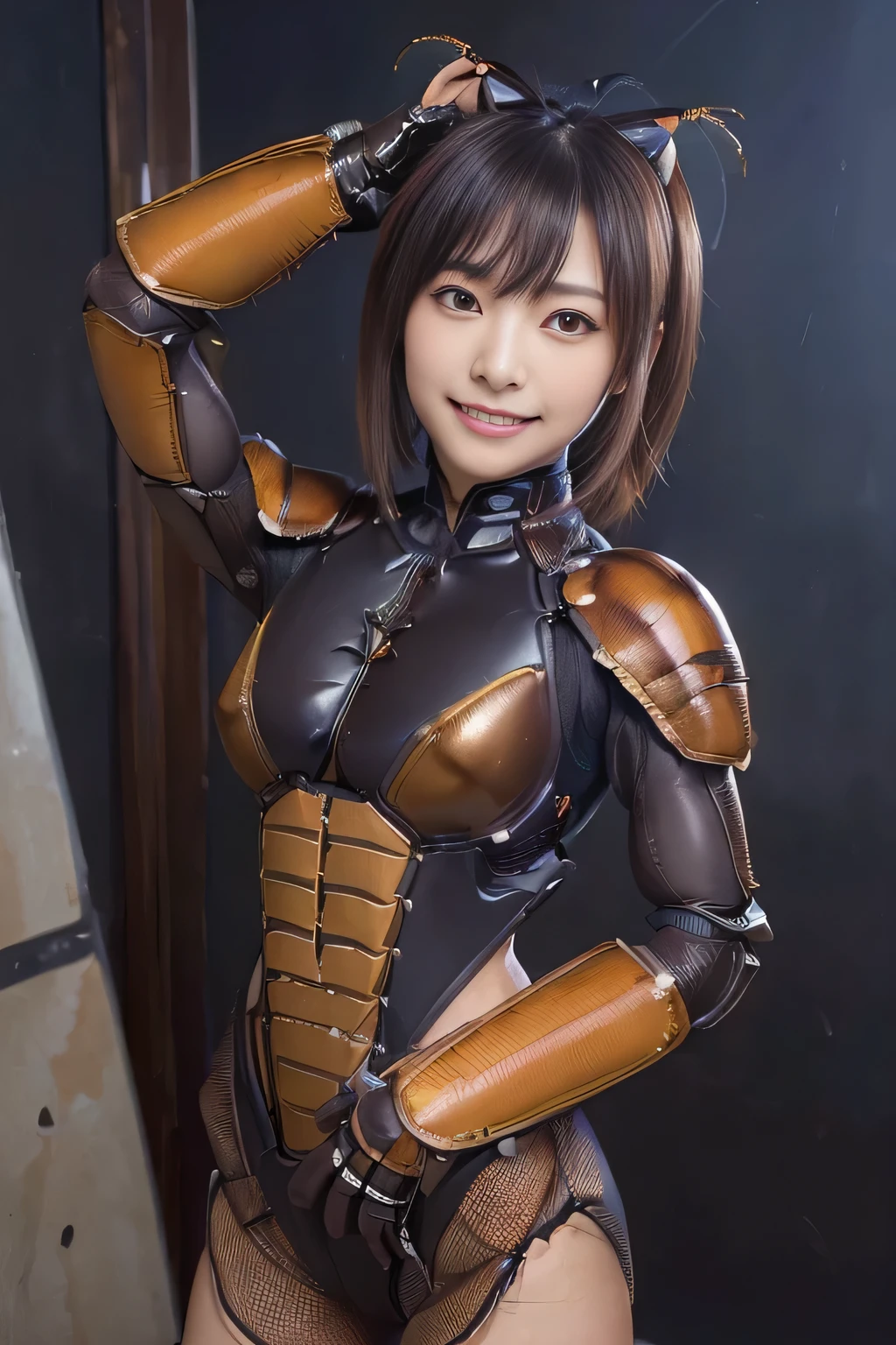 (high resolution,masterpiece,best quality,extremely detailed CG, anime, official art:1.4), realistic, photo, amazing fine details, all intricate, gloss and shiny,awesome many layers, 8k wall paper, 3d, sketch, kawaii, illustration,( solo:1.4), perfect female proportion,villainess, (fusion of dark brown cockroach and lady:1.4), (brown cockroach form lady:1.2), (brown cockroach lady:1.2), (fusion:1.2), (solo:1.4), (evil smile:1.2), muscular, abs, (cockroach brown exoskeleton bio insect suit:1.4), (cockroach brown exoskeleton bio insect armor:1.2), (brown transparency cockroach wing:1.4), (brown cockroach antennae:1.3),