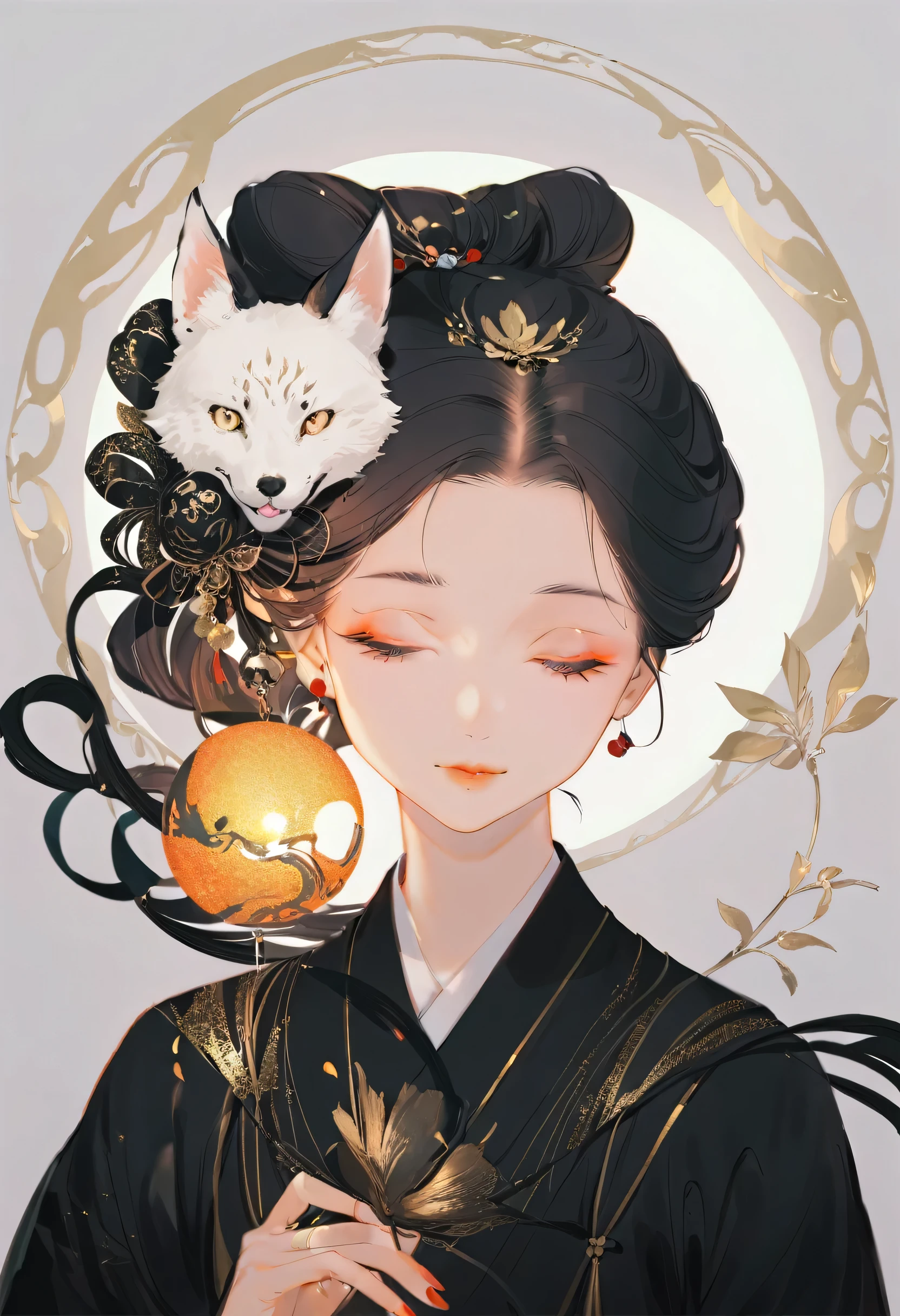 Ink Art, Beautiful KITSUNE Japanese traditional mask portrait with ribbon, , magic, author：DKCW  