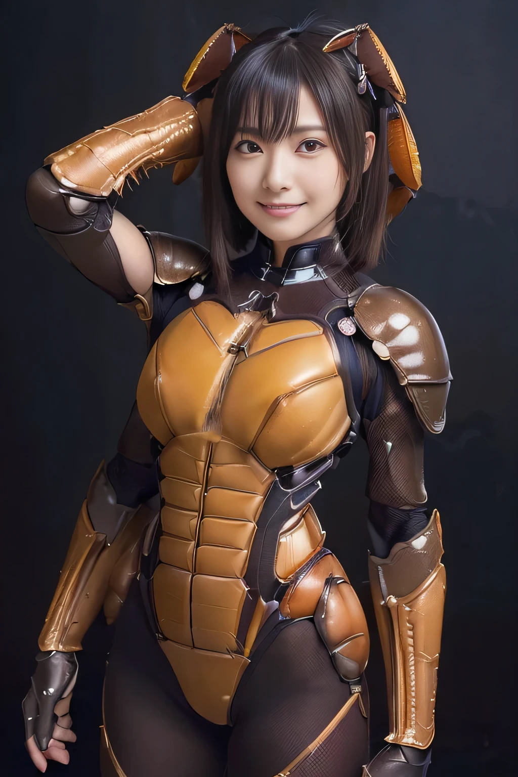 (high resolution,masterpiece,best quality,extremely detailed CG, anime, official art:1.4), realistic, photo, amazing fine details, all intricate, gloss and shiny,awesome many layers, 8k wall paper, 3d, sketch, kawaii, illustration,( solo:1.4), perfect female proportion,villainess, (fusion of dark brown cockroach and lady:1.4), (brown cockroach form lady:1.2), (brown cockroach lady:1.2), (fusion:1.2), (solo:1.4), (evil smile:1.2), muscular, abs, (cockroach brown exoskeleton bio insect suit:1.4), (cockroach brown exoskeleton bio insect armor:1.2), (brown transparency cockroach wing:1.4), (brown cockroach antennae:1.3),