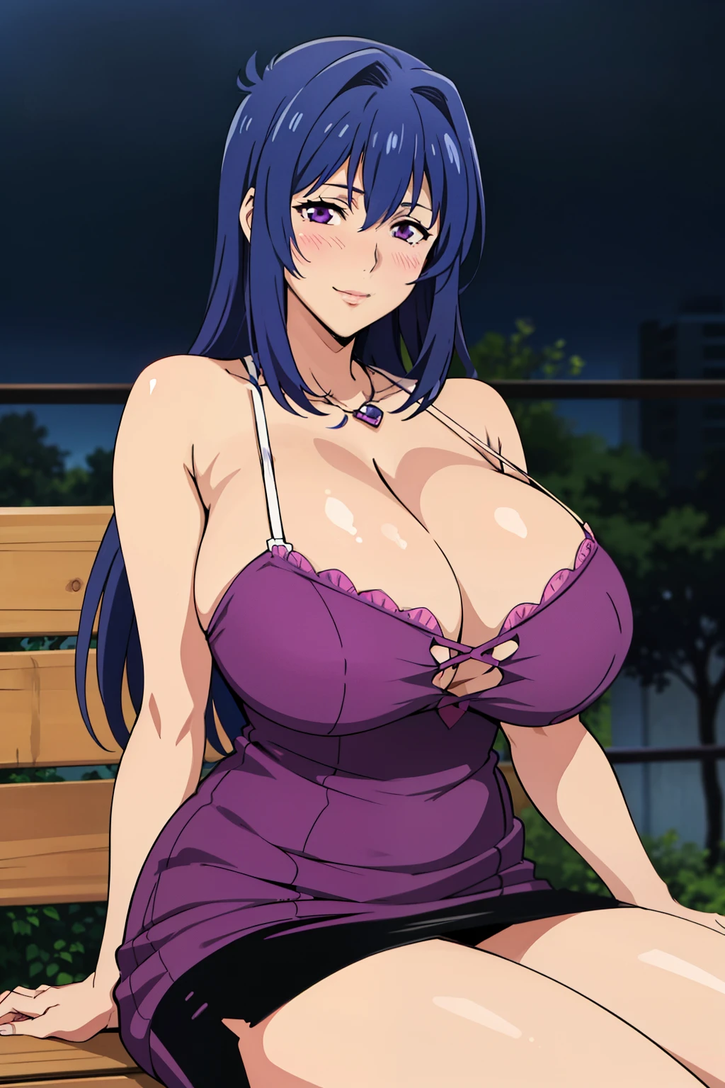 (sitting on bench), (pink dress : 1.3), cleavage, black skirt, night city street, Nijou Aki, 27 yo, mature women, anime cels style, best quality, high resolution, (gigantic breasts:1.3), cowboy shot, blush, smiling, (purple eyes), blue hair