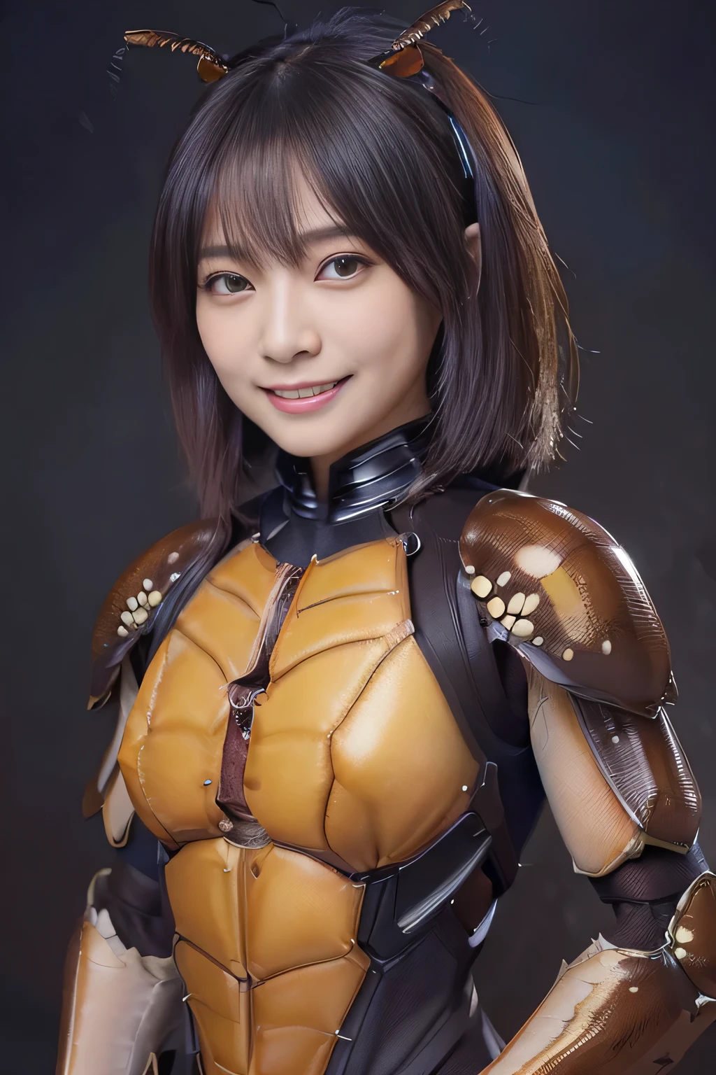 (high resolution,masterpiece,best quality,extremely detailed CG, anime, official art:1.4), realistic, photo, amazing fine details, all intricate, gloss and shiny,awesome many layers, 8k wall paper, 3d, sketch, kawaii, illustration,( solo:1.4), perfect female proportion,villainess, (fusion of dark brown cockroach and lady:1.4), (brown cockroach form lady:1.2), (brown cockroach lady:1.2), (fusion:1.2), (solo:1.4), (evil smile:1.2), muscular, abs, (cockroach brown exoskeleton bio insect suit:1.4), (cockroach brown exoskeleton bio insect armor:1.2), (brown transparency cockroach wing:1.4), (brown cockroach antennae:1.3),