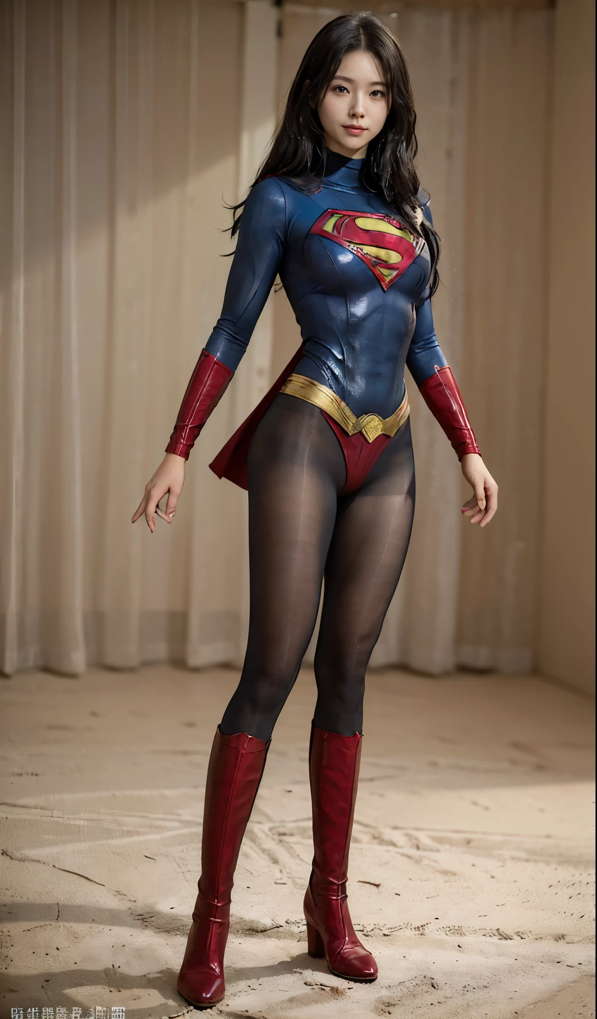 No background、(((Beautiful legs in black tights.)))、(((Legally express the beauty of your smile)))、((((Make the most of your original images)))、(((Supergirl Costume)))、(((Beautiful Hair)))、(((suffering)))、(((Please wear black tights....、Wear red boots)))、((Best image quality、8K))、((highest quality、8K、masterpiece:1.3))、(((Preserve background )))、Sharp focus:1.2、Beautiful woman with perfect figure:1.4、Thin abdominal muscles:1.2、Wet body:1.5、Highly detailed face and skin texture、8K