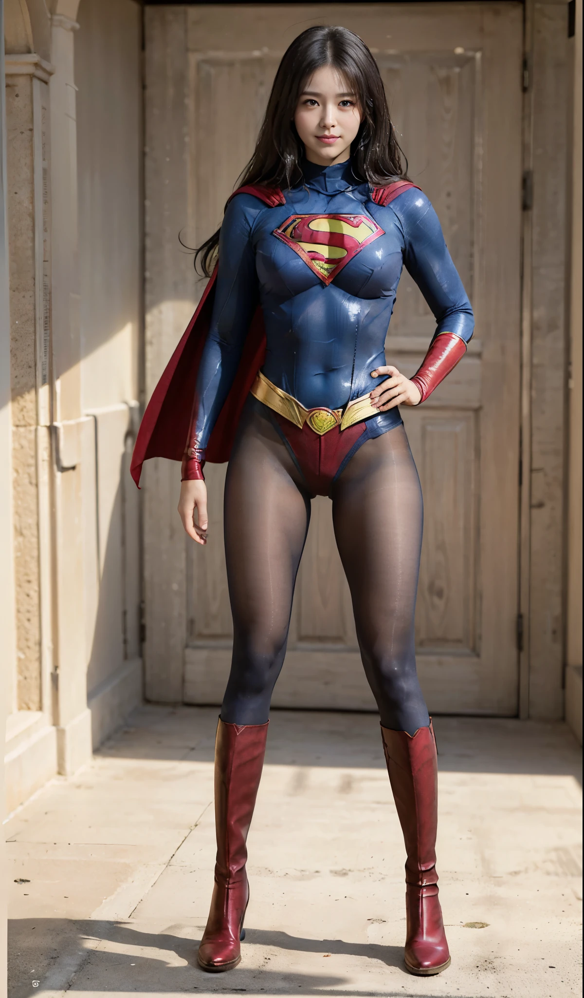 No background、(((Beautiful legs in black tights.)))、(((Legally express the beauty of your smile)))、((((Make the most of your original images)))、(((Supergirl Costume)))、(((Beautiful Hair)))、(((suffering)))、(((Please wear black tights....、Wear red boots)))、((Best image quality、8K))、((highest quality、8K、masterpiece:1.3))、(((Preserve background )))、Sharp focus:1.2、Beautiful woman with perfect figure:1.4、Thin abdominal muscles:1.2、Wet body:1.5、Highly detailed face and skin texture、8K