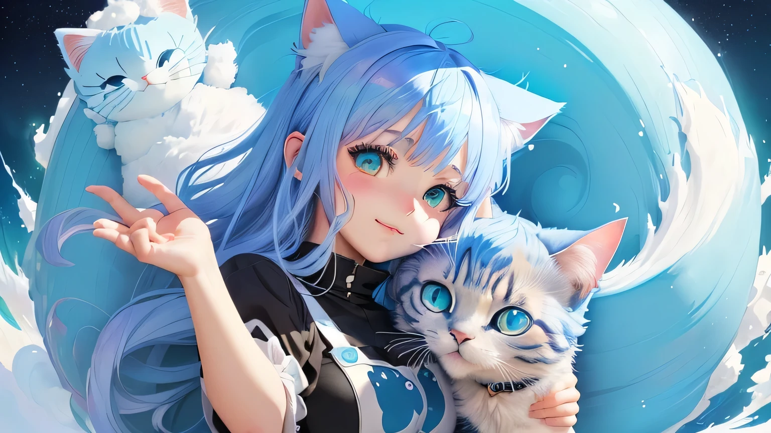 Cartoon image of a girl with blue hair and a cat on her head, rimuru, Neferpitou, 2D Anime Style, anime Cat girl, cute anime Cat girl, Anime style”, cute!! a bit!!! Cat girl, nyaruko-san, Anime Moe Art Style, Cat ears anime girl, Rimuru and Milim,