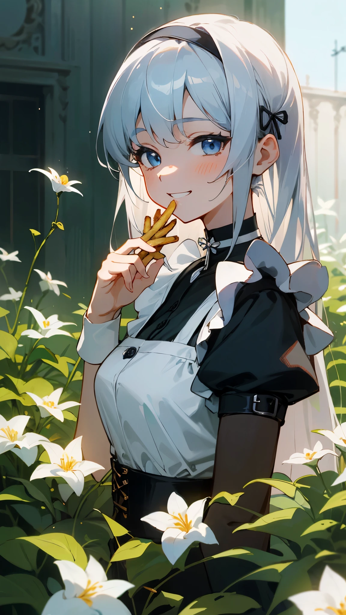 Very delicate、1 beautiful girl、anime painting、highest quality、masterpiece、Highly detailed illustration、Upper body close-up、The most knowledgeable girl、Silver Hair、Long Hair、Beautiful blue eyes、Grin、Round face、Perfect female body、From the side、Black shirred maid dress、apron、black corset with straps、head band、Choker Ribbon、Cufflinks、Shiny、Outdoor、garden、Eating French Fries、Cinema Lighting、Sharp contours
