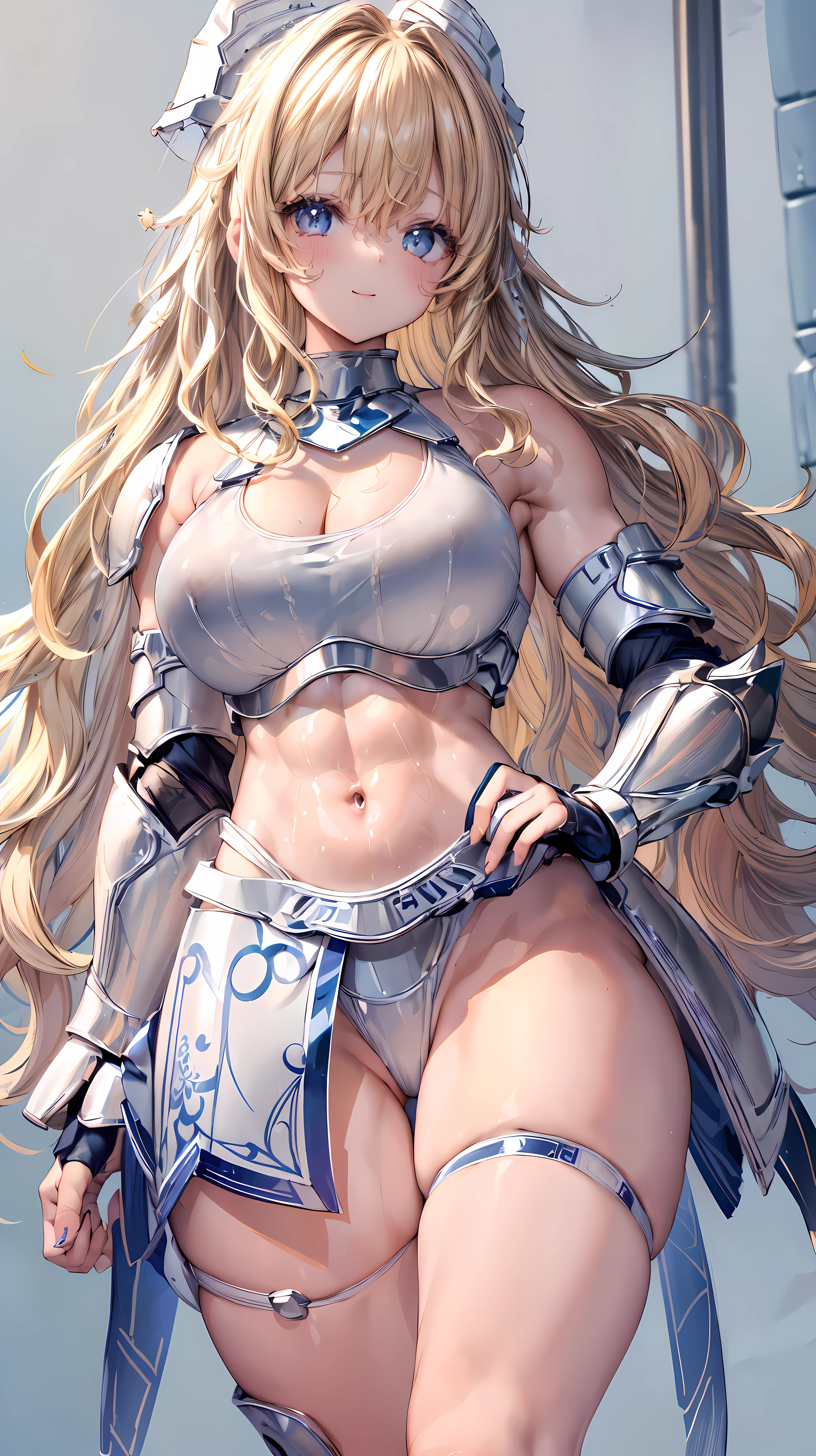 Very detailed、highest quality、Best image quality、masterpiece、8k、Anime Face、A kind smile、Open your mouth、Sparkling blue eyes、(Blonde wavy hair:1.5)、、Muscles of the whole body、camisole、Thigh belt、mini skirt、(Wearing white bikini armor:1.5)、(Cowboy Shot:1.5)、(Leg armor:1.5)