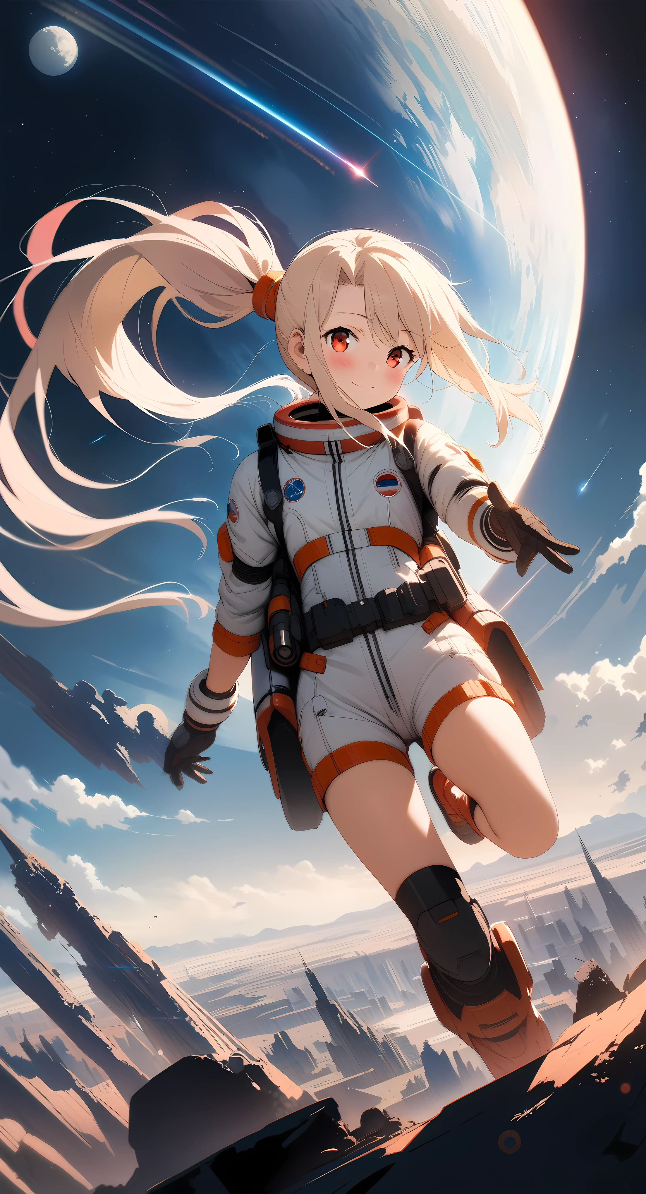 high-key and low-variance brightness scale,soft light,realistic light and shadow, light and dark interlaced,(wide shot:1.3),female focus,looking at viewer,dramatic angle,(solo:1.6)
(masterpiece),(best quality),(highres),(by famous artist),(((official art))),(by Paul Hedley),(illustration),(science fiction),(Sci-fi style),(Mechanical style)
1girl,(female astronaut),(illyasviel von einzbern:1.4),(loli:1.3)
(small_breasts),(whole body),(slim legs),(mecha musume),lustrous skin,shiny skin,(detailed beautiful thighs),(articulated fingers)
(space suit:1.5),(space helmet:1.4),(combat boots),(belt),(sharp:1.21),Chinese national flag
outdoor,in the universe,starry sky,clusters of stars,colorful startrails,shooting star,the Earth,full moon
((seductive smile)),blush,((walking))
(red eyes:1.4),(finely detailed eyes),detailed beautiful eyes
(cream long hair),(ponytail:1.4),(reflective hair)