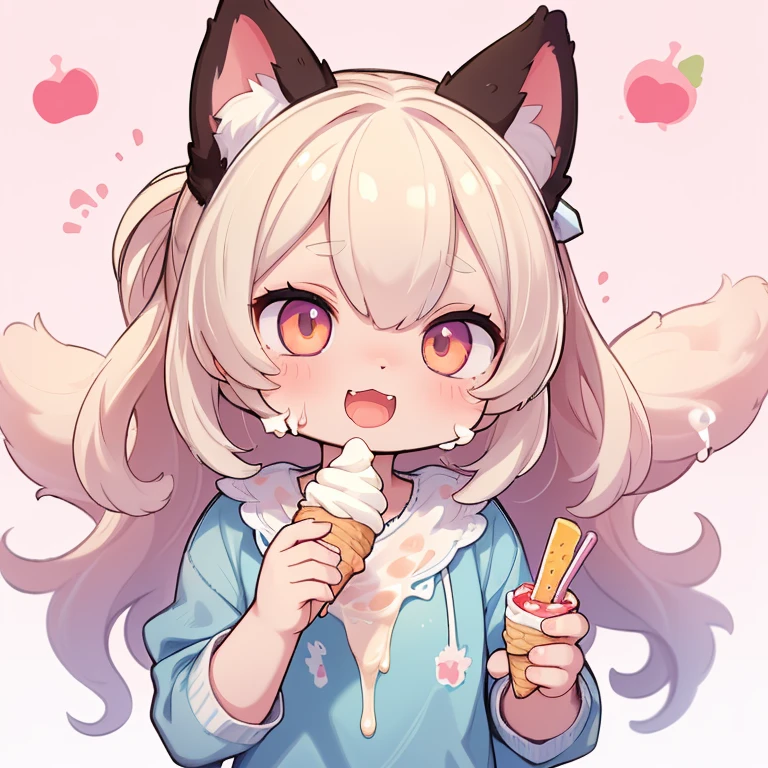 focus face , cat girl , round face , (tilt face:1.5) , (harf-open eyes:1.2) , moist round eyes , (Double teeth:1.2) , innocent smile , glossy lips , (open mouth wide) , (show off uvula:1.2) , (dripping melted vanilla Soft serve ice cream on face:1.2) , licking Soft serve ice cream , grab Soft serve ice cream