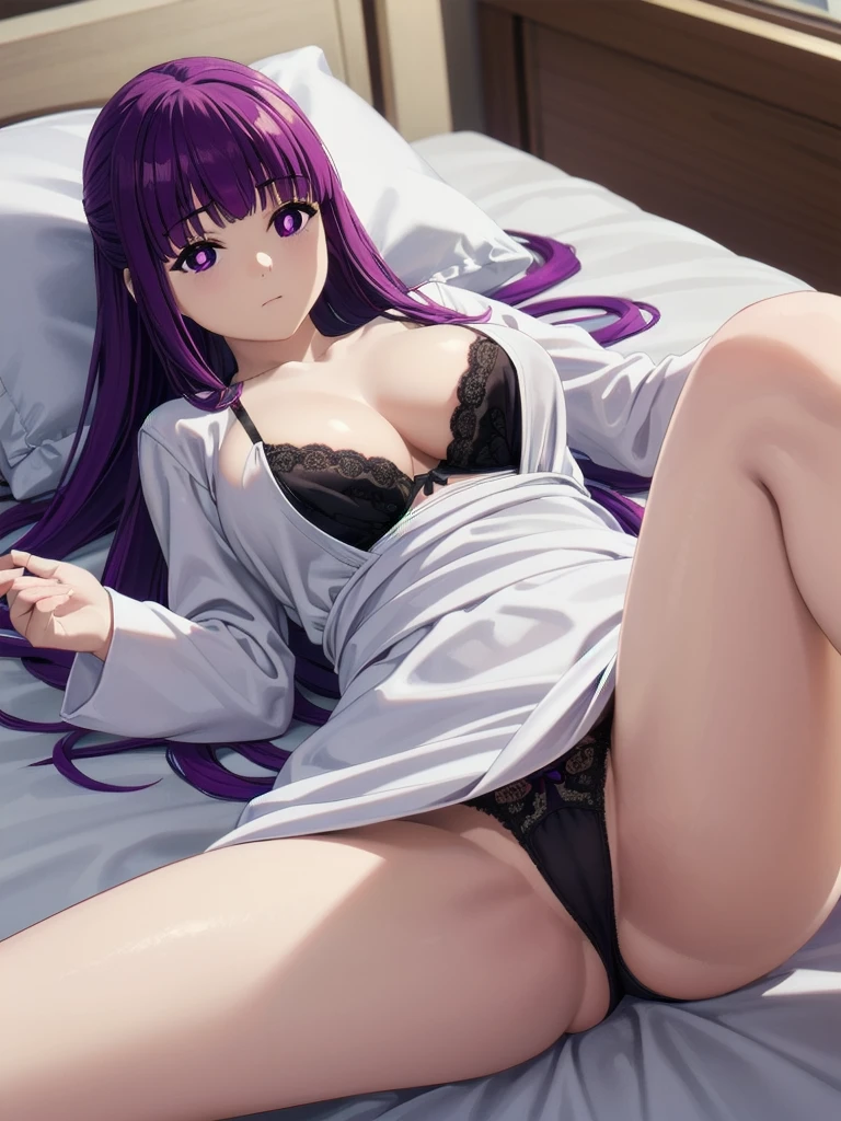 (((Pixel Perfect, Perfect detail))), ((alone, 1 girl)), fern, long hair, bangs, (purple eyes:1.1), purple hair, sidelocks, blunt bangs, (bright pupils:1.5), half updo, long sleeves, dress, white dress, long dress, robe, black robe, (bra), (lying on the bed:1.3), (spread legs:1.3), (showing panties :1.3), upper body, indoor