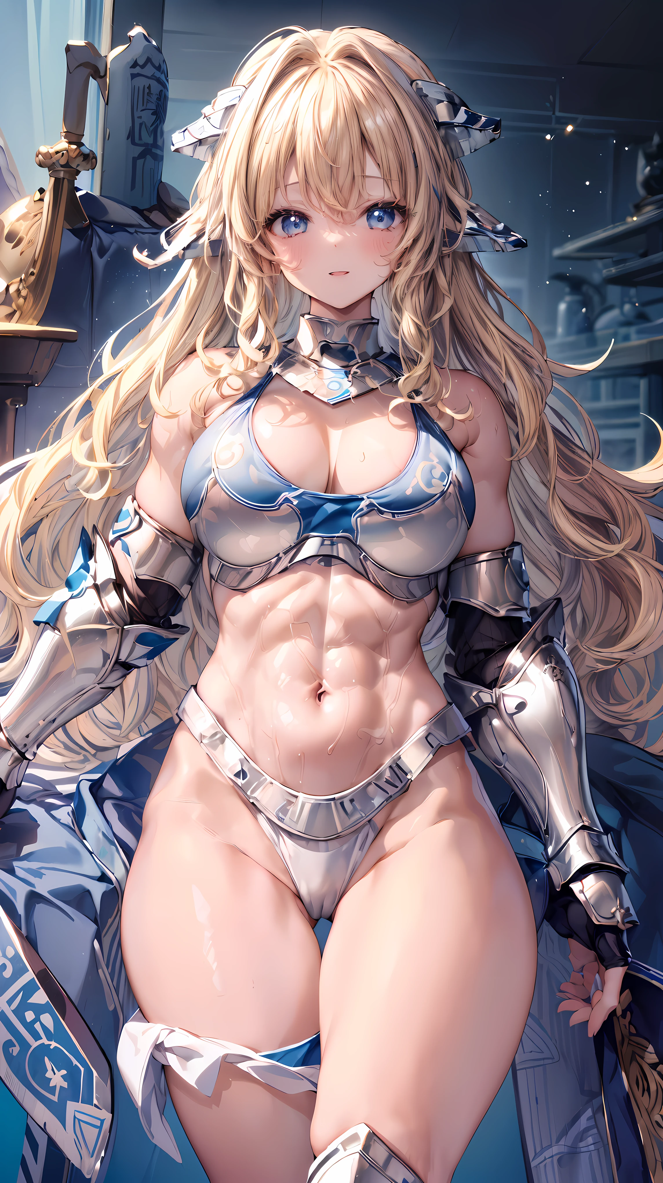 Very detailed、highest quality、Best image quality、masterpiece、8k、Anime Face、A kind smile、Open your mouth、Sparkling blue eyes、(Blonde wavy hair:1.5)、、Muscles of the whole body、camisole、Thigh belt、mini skirt、(Wearing white bikini armor:1.5)、(Cowboy Shot:1.5)、(Leg armor:1.5)