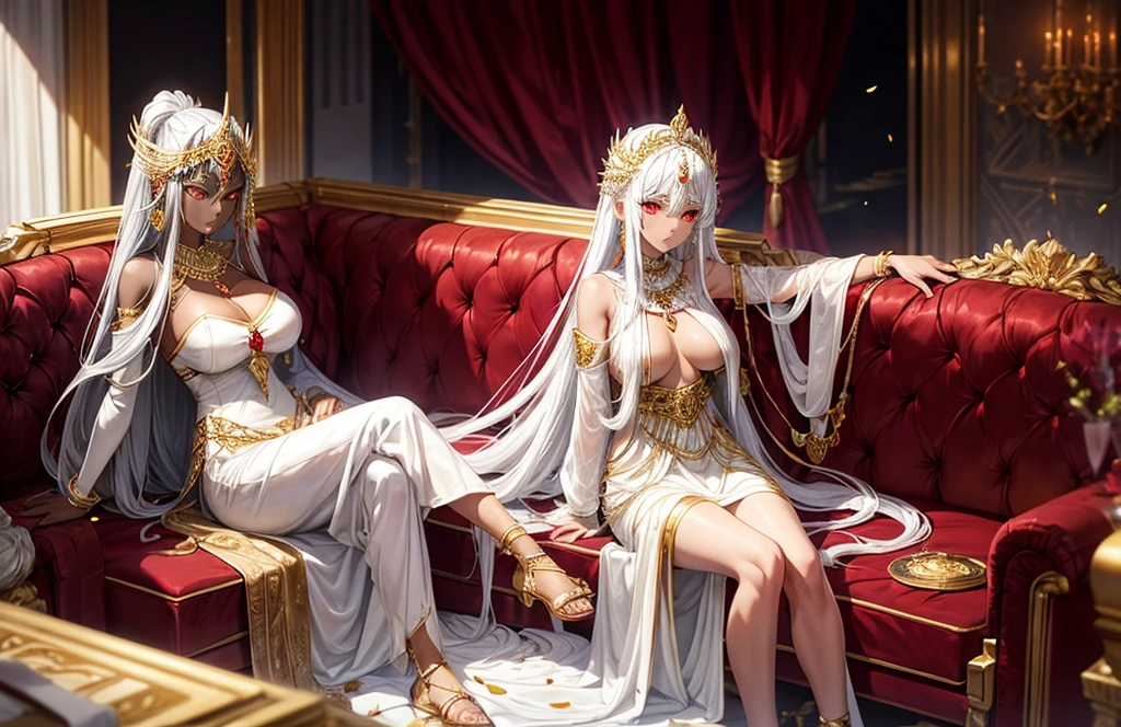Silver long hair, red eyes, dark skin, big breasts, gold headdress, gold necklace, gold jewelry, white evening dress, sandals, palace, sitting on the sofa, white rose petals