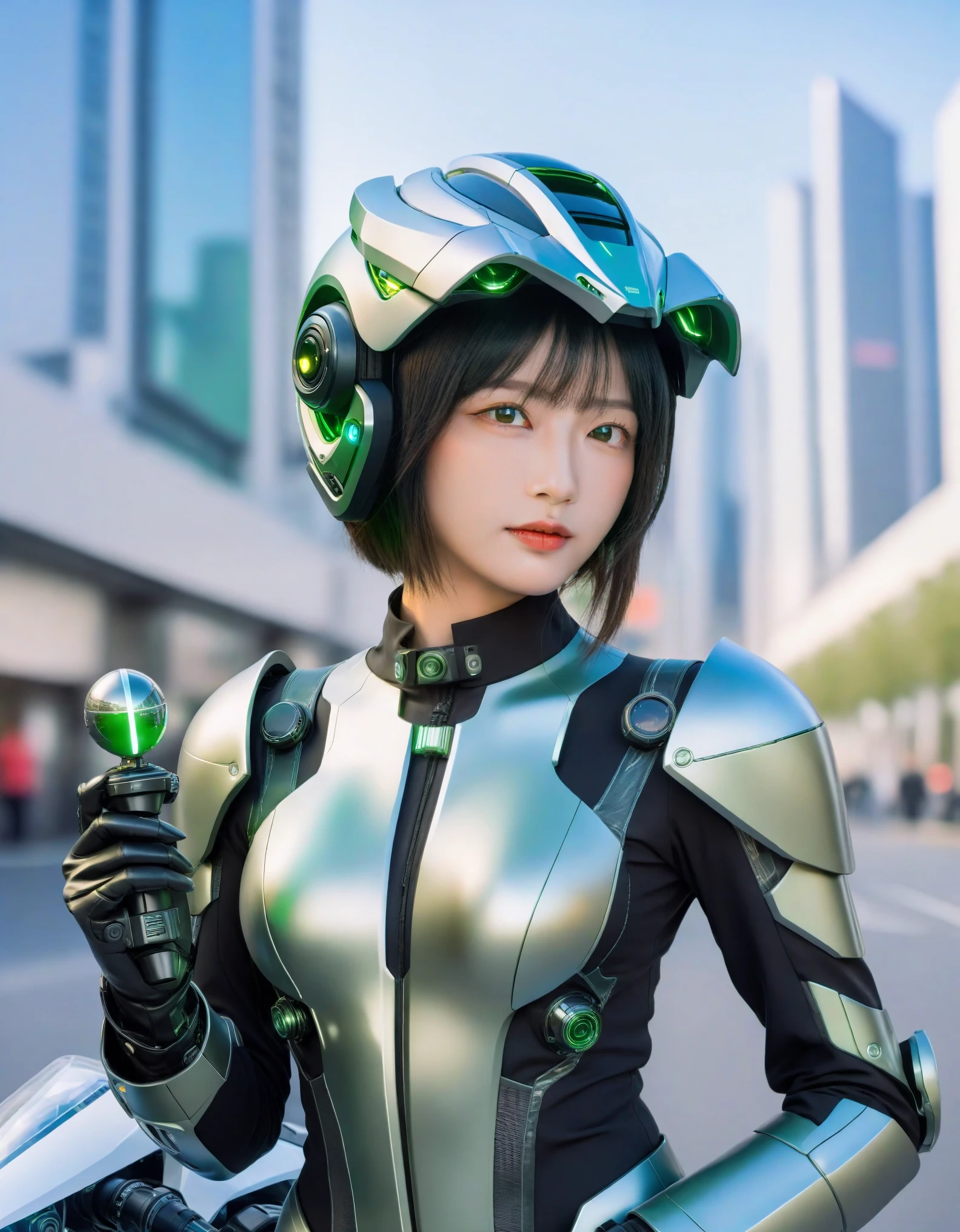 High-tech futuristic cityscape, ultra-high resolution, hyper-realistic illustration, intricate details, 1 girl with delicate features, wearing a sleek black and green mecha suit, mecha helmet, holding a futuristic controller, mounted on a cutting-edge motorcycle, dramatic lighting with high-tech ambiance, shot with a 35mm lens, F2.8 aperture for a shallow depth of field.”