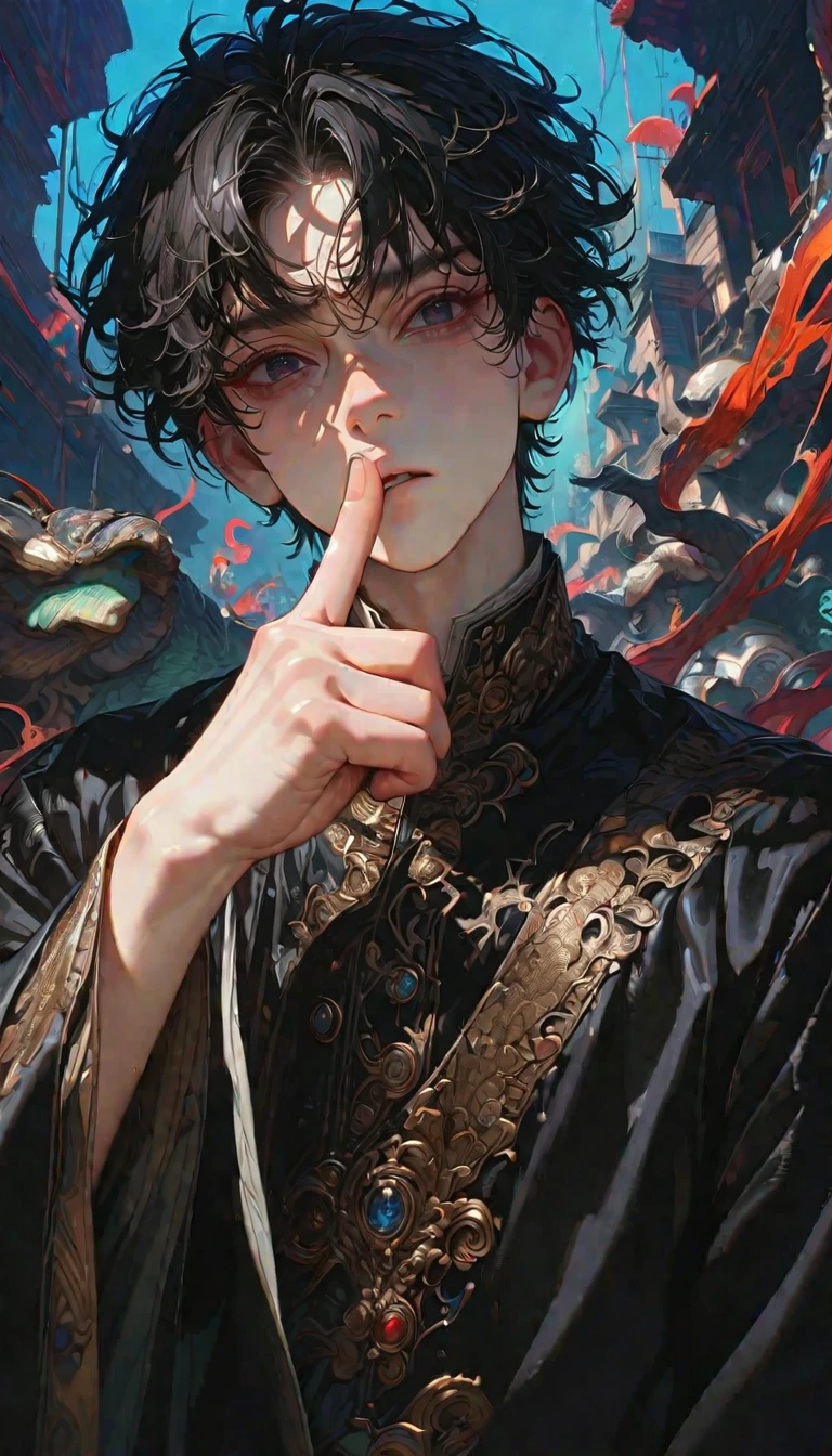 Style 1.(masterpiece,best quality,Ultra-high quality,8k,absurd,Crazy details,Intricate details,Ultra Detailed,High Detail,Super detailed,Practical:1.4, )Solitary,Black hair,short hair,1 boy,Male focus,Looking at the audience,black eyes,finger to mouth,Long sleeve,Black eyes with index finger raised,Shut up,Bangs,