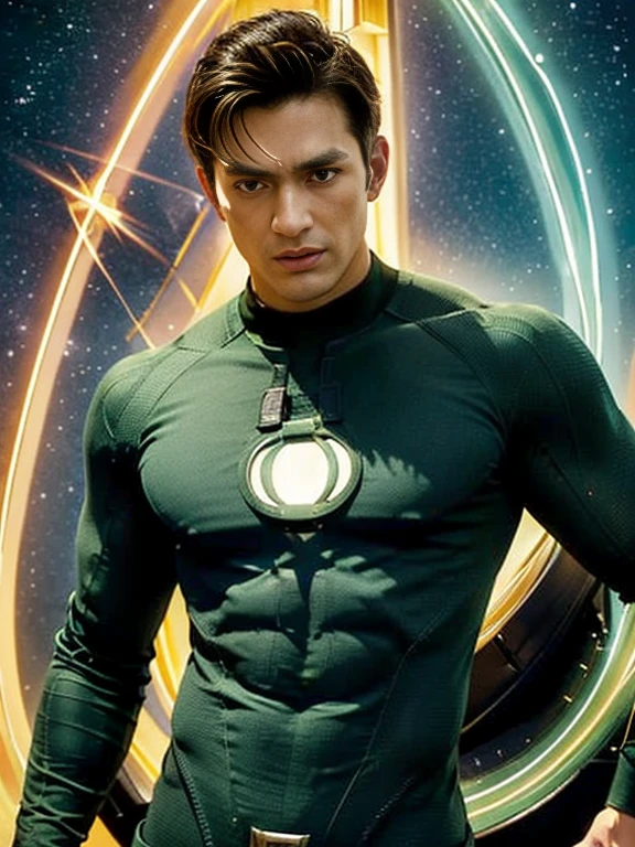 A hansome man in style,(in English: Green Lantern) is a DC Comics superhero. Created by Martin Nodell and Bill Finger, the original Green Lantern was recast as a new superhero with the same name in the 1960s, the original character became known by the name his parents called Alan Scott and for a time adopted the identity from Sentinela (Brazil). The current Green Lantern, founding member of the Justice League of America. This time, he helped cement the new Green Lantern as a popular hero, with a more cosmic theme. lined lips, green bodysuit, covered navel,  muscular, tight skin, All green uniform, muscular man, green bodysuit, yellow bodysuit, Looking at the Viewer,  (realism: 1.5), (Realisitc: 1.4), (Absurdity: 1.4), 8k, ultra-detailed, Detailed handsome man, (Only one:1.4), 1girl, (Viewer facing:1.2),