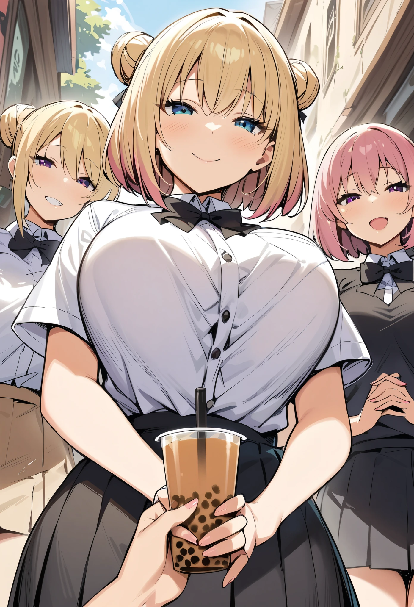 from below:1.2, masterpiece, best quality, highres, JK,huge tit,1girl,pov, give viewer a cup of bubble tea, black bow,black bowtie,blonde hair,bow,bowtie,breasts,hair bun,holding hands,interlocked fingers,long hair,looking at viewer,multiple girls,pink hair,pleated skirt,shirt tucked in,short hair,skirt,smile,tented shirt,in street