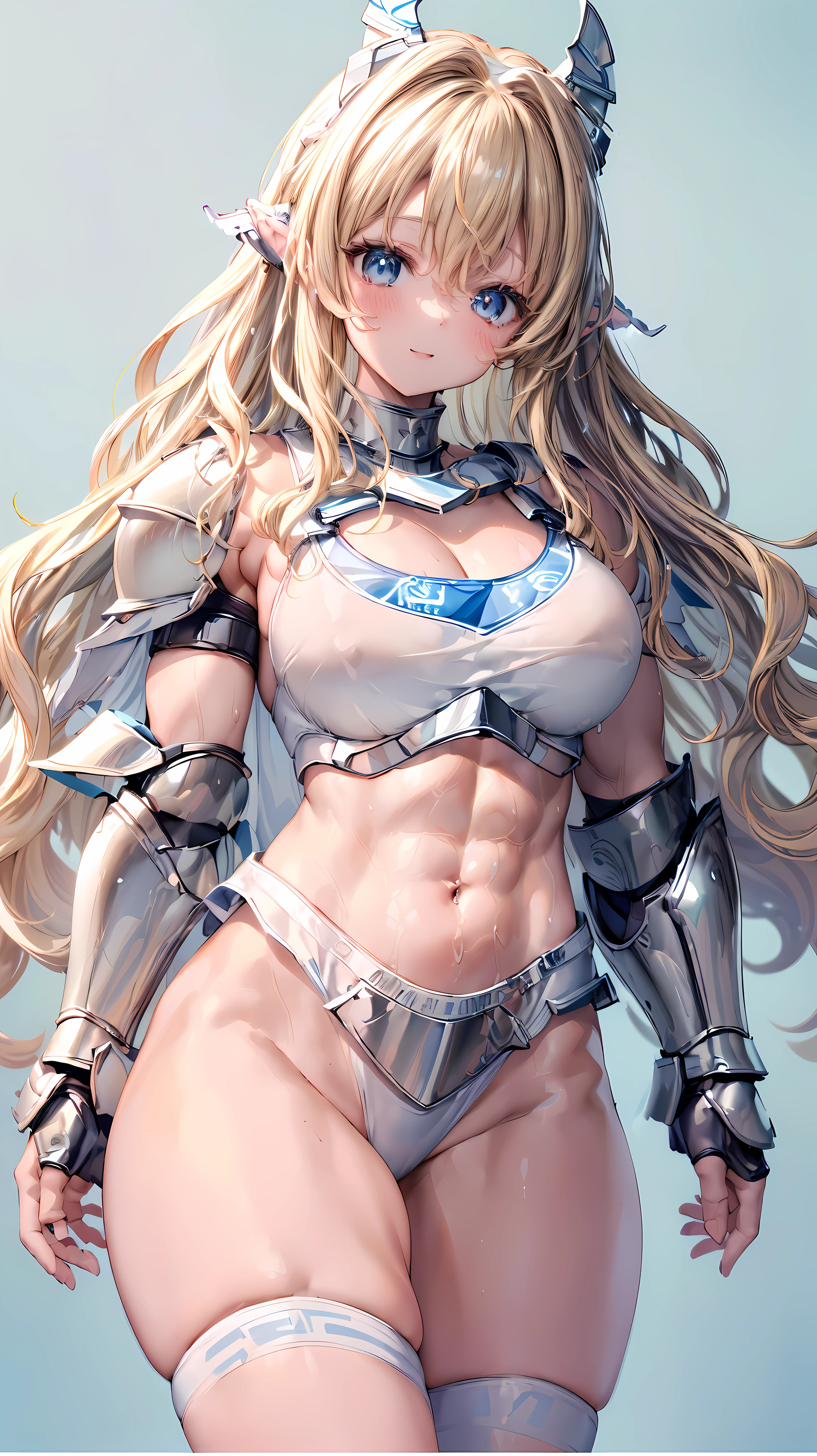 Very detailed、highest quality、Best image quality、masterpiece、8k、Anime Face、A kind smile、Open your mouth、Sparkling blue eyes、(Blonde wavy hair:1.5)、、Muscles of the whole body、camisole、Thigh belt、mini skirt、(Wearing white bikini armor:1.5)、(Cowboy Shot:1.5)、(Leg armor:1.5)