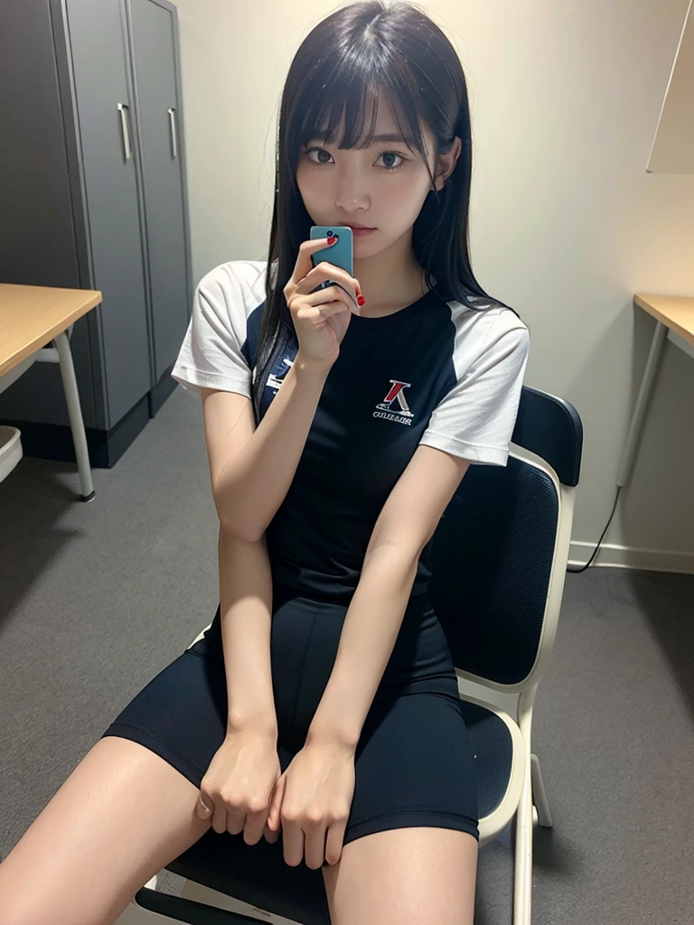 ((realistic lighting, highest quality, 8K, masterpiece, medium shot: 1.3)), clear focus: 1.2, 1 girl, perfect figure: 1.4, plump bust,((long black hair)),((With bangs)),In the changing room, Lockers etc. in the background,sitting on a chair,Moderately thin calves,exposed thighs,navy blue ankle length socks,white sneakers,super fine face, fine eyes, double eyelid,Dark blue bloomers worn by female track and field athletes、Round neck white short sleeve T-shirt,Taking a selfie with a black smartphone in his right hand,Your face is hidden by your smartphone、Place your left hand on the chair to support your weight.
