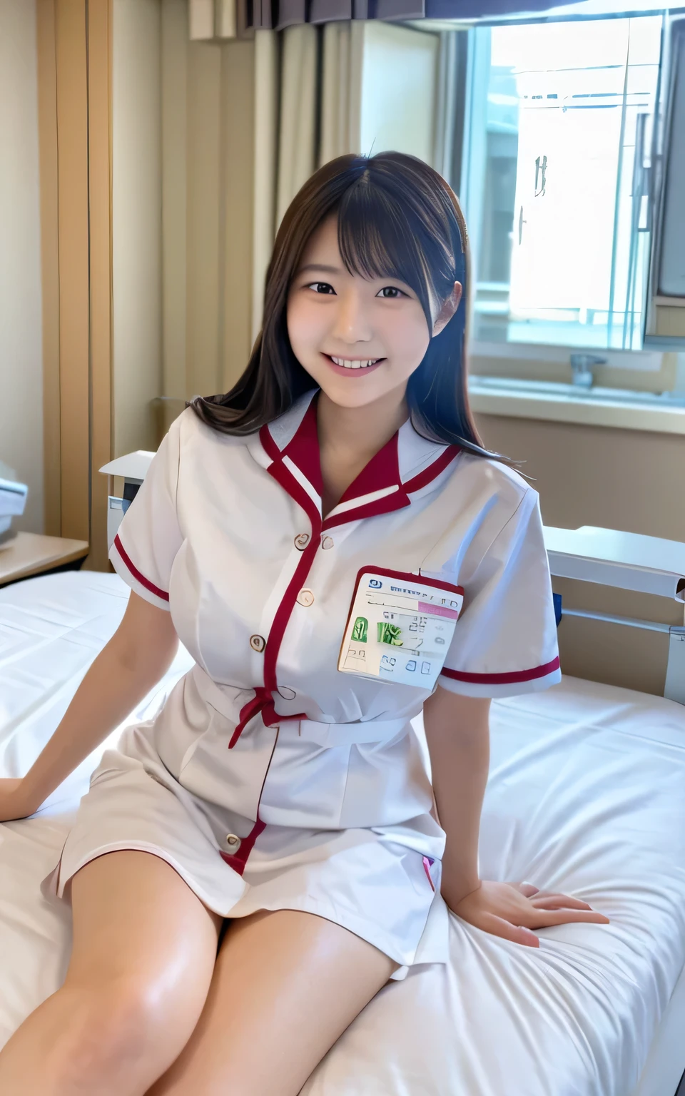 (masterpiece:1.2), super high quality, japanese girl, 1 girl, slender body, (18-year-old), smiling, sunshine, thighs, nurse uniform, on a hospital bed, 