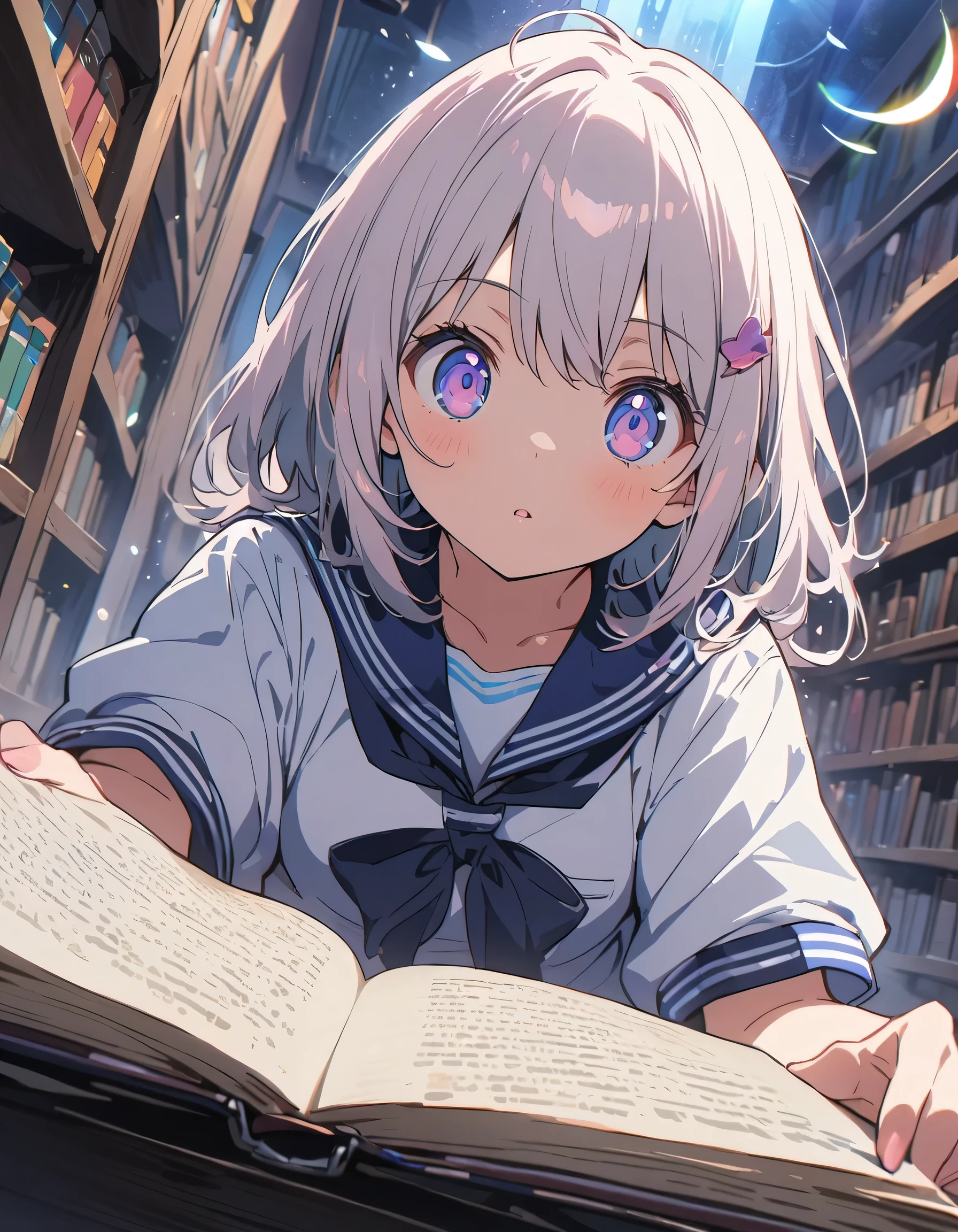 (A girl in a sailor suit)、A vast and deep library、A large number of bookshelves are on display、Large number of books、(highest quality、masterpiece、High resolution、detailed)、anime style、Flat Style、(eyes shining iridescent colors illuminated light,、detailed beautiful face), BREAK,extremely detailed、High saturation,floating、Dynamic Angle、anime