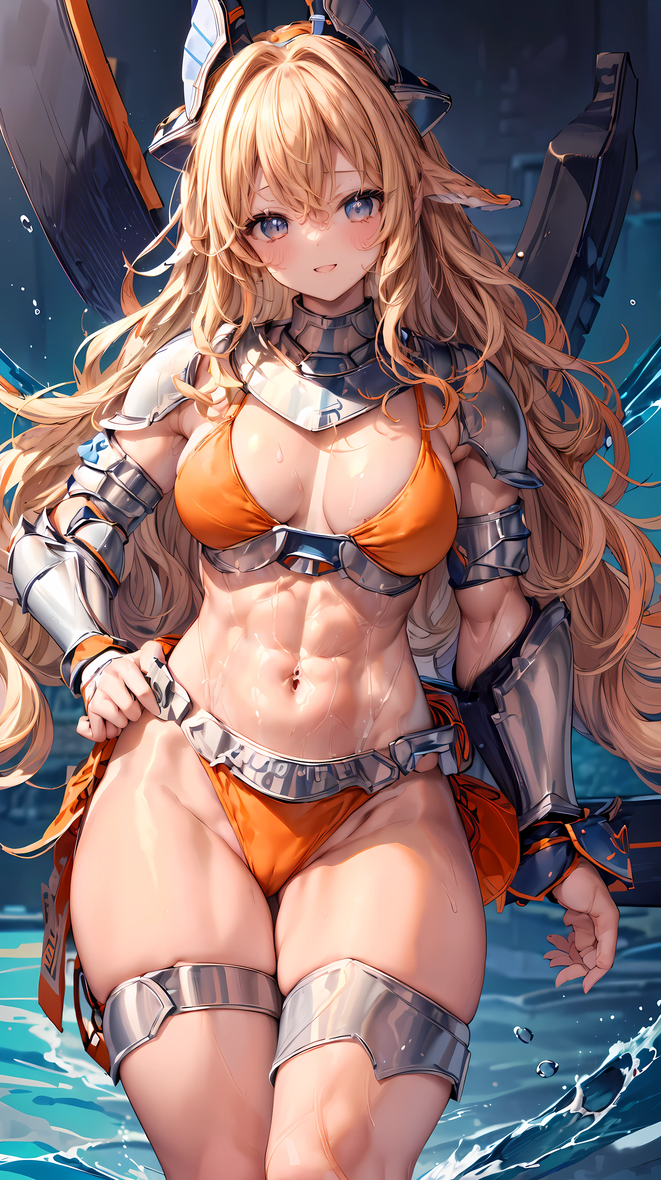 Very detailed、highest quality、Best image quality、masterpiece、8k、Anime Face、A kind smile、Open your mouth、Sparkling blue eyes、(Blonde wavy hair:1.5)、、Muscles of the whole body、camisole、Thigh belt、mini skirt、(Wearing orange bikini armor:1.5)、(Cowboy Shot:1.5)、(Leg armor:1.5)