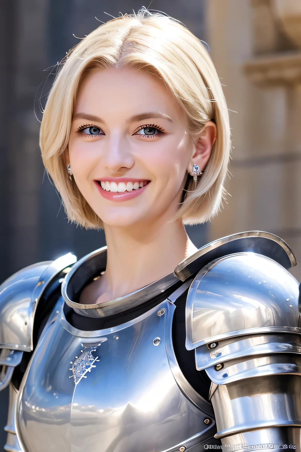 8K、highest quality、female knight、Luxurious Silver Armor、、hairstyle short cut、smile、beautiful teeth、full body photo、ear piercing、blonde、white woman、blue eyes、heavy makeup、The background is inside the castle.