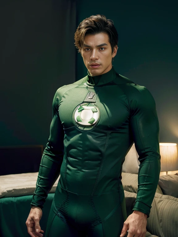 A hansome man in style,(in English: Green Lantern) is a DC Comics superhero. Created by Martin Nodell and Bill Finger, the original Green Lantern was recast as a new superhero with the same name in the 1960s, the original character became known by the name his parents called Alan Scott and for a time adopted the identity from Sentinela (Brazil). The current Green Lantern, founding member of the Justice League of America. This time, he helped cement the new Green Lantern as a popular hero, with a more cosmic theme. lined lips, green bodysuit, covered navel, muscular, tight skin, All green uniform, muscular man, green bodysuit, yellow bodysuit, Looking at the Viewer, (realism: 1.5), (Realisitc: 1.4), (Absurdity: 1.4), 8k, ultra-detailed, Detailed handsome man, (Only one:1.4), 1girl, (Viewer facing:1.2), full length shot(fls). , thighs , hips
