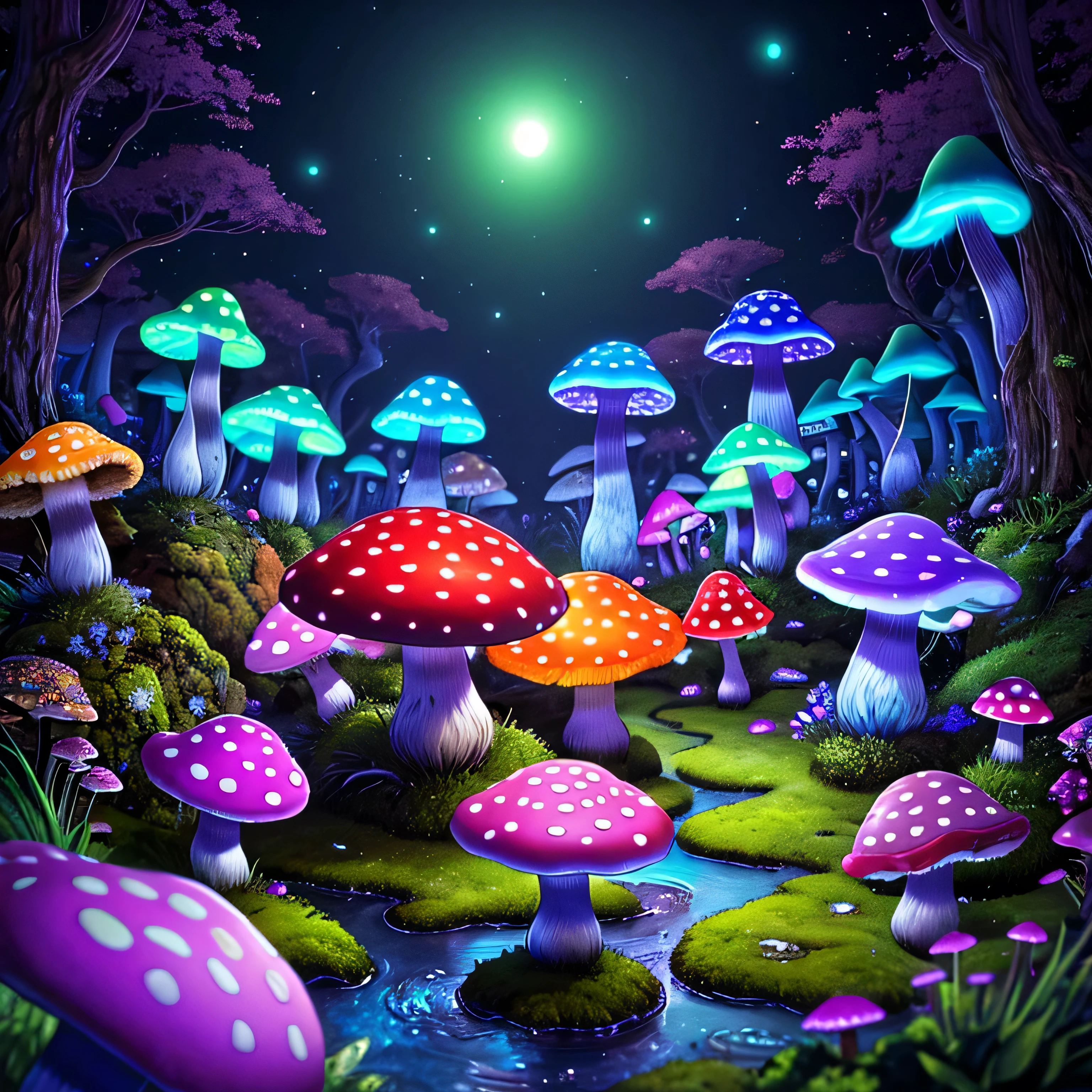 (Very detailed:1.2),(highest quality:1.2),8k,Sharp focus, (Scattered beneath the surface of the water:1.1)、Forest road、(Forest roadが長く続いている)、(Glowing magical bioluminescent mushrooms:1.2),psychedelic magic particles in the air, (neon bioluminescent mushroom forest at night:1.2), (magic firefly:1.2) (Very detailed trees、rocks and moss:1.2), (Very detailed background:1.3), roleplaying game, Eldon Ring Style, (Fantasy:1.3),(Surreal:1.1), (((night))), Cinema Lighting, Very detailed, Art Station,Smooth, Sharp focus, Types of bacteria, Greg Lutkoski, edited pick, trending on Art Station, Trending on deviantart, Knock me out, (Compared:0.4),