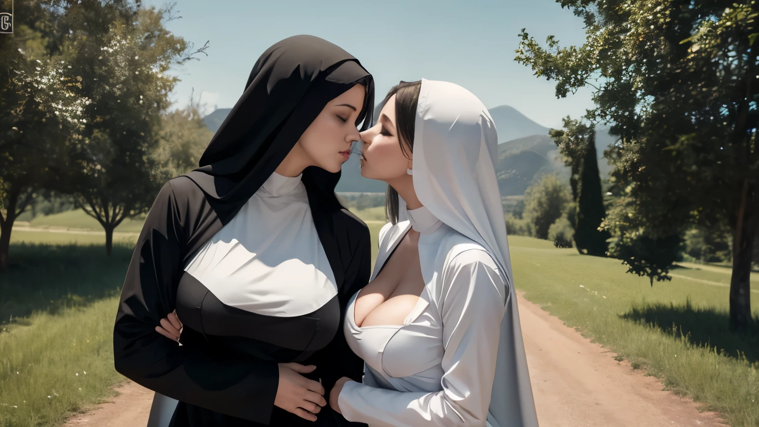 Two good-looking sexy nuns give them big but not huge breasts and show the cleavage. Slim waist and big hips Holding and almost kissing eachother. L Show them in front of a convent in a rural landscape