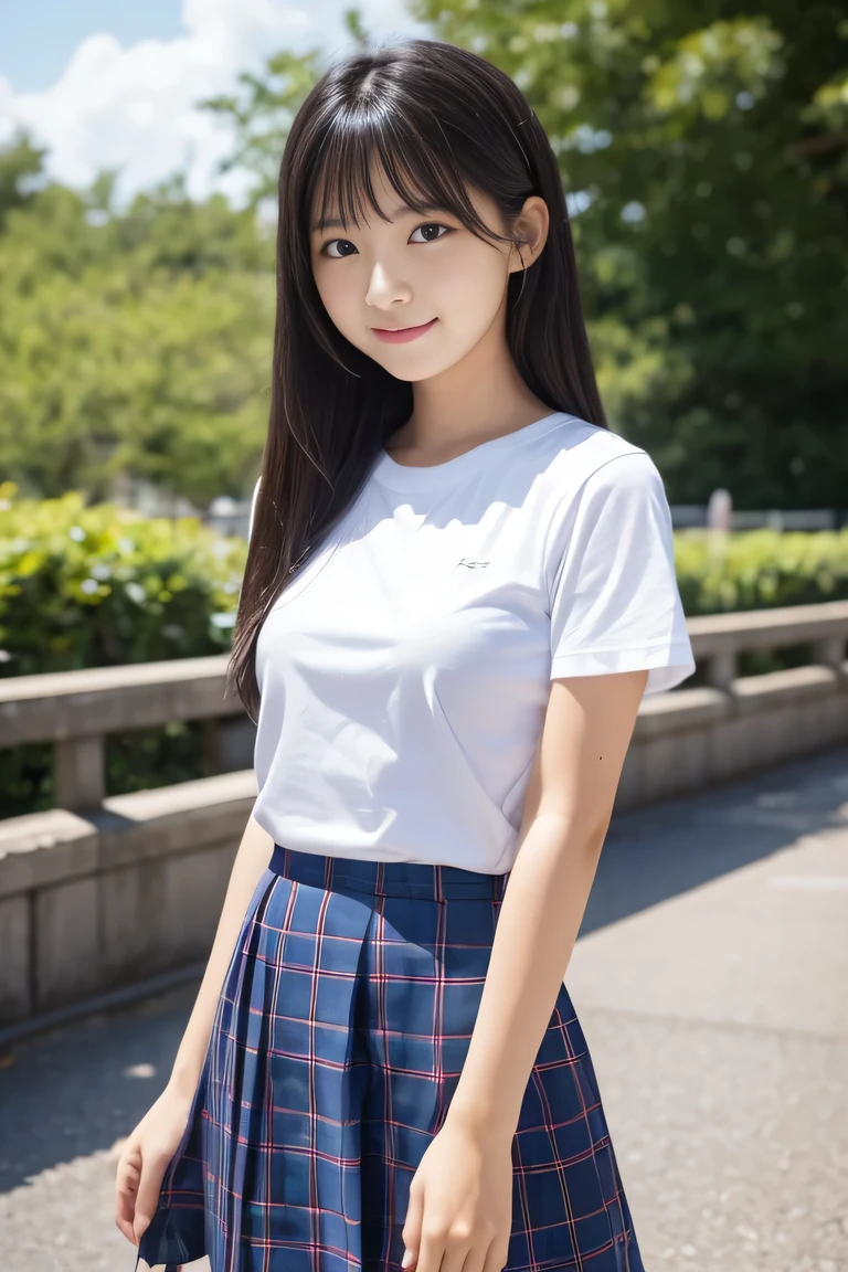 8K,masterpiece,Japanese,16 year old girl,from the front,smile,cute,innocent face,innocent,gentle eyes,Childish,plain t-shirt,short sleeve,A short blue checked skirt,semi-long,hair blowing in the wind,black hair,Slightly strong wind,noon,bright,standing,Do not emphasize the top of the bust, Fot from the waist up,