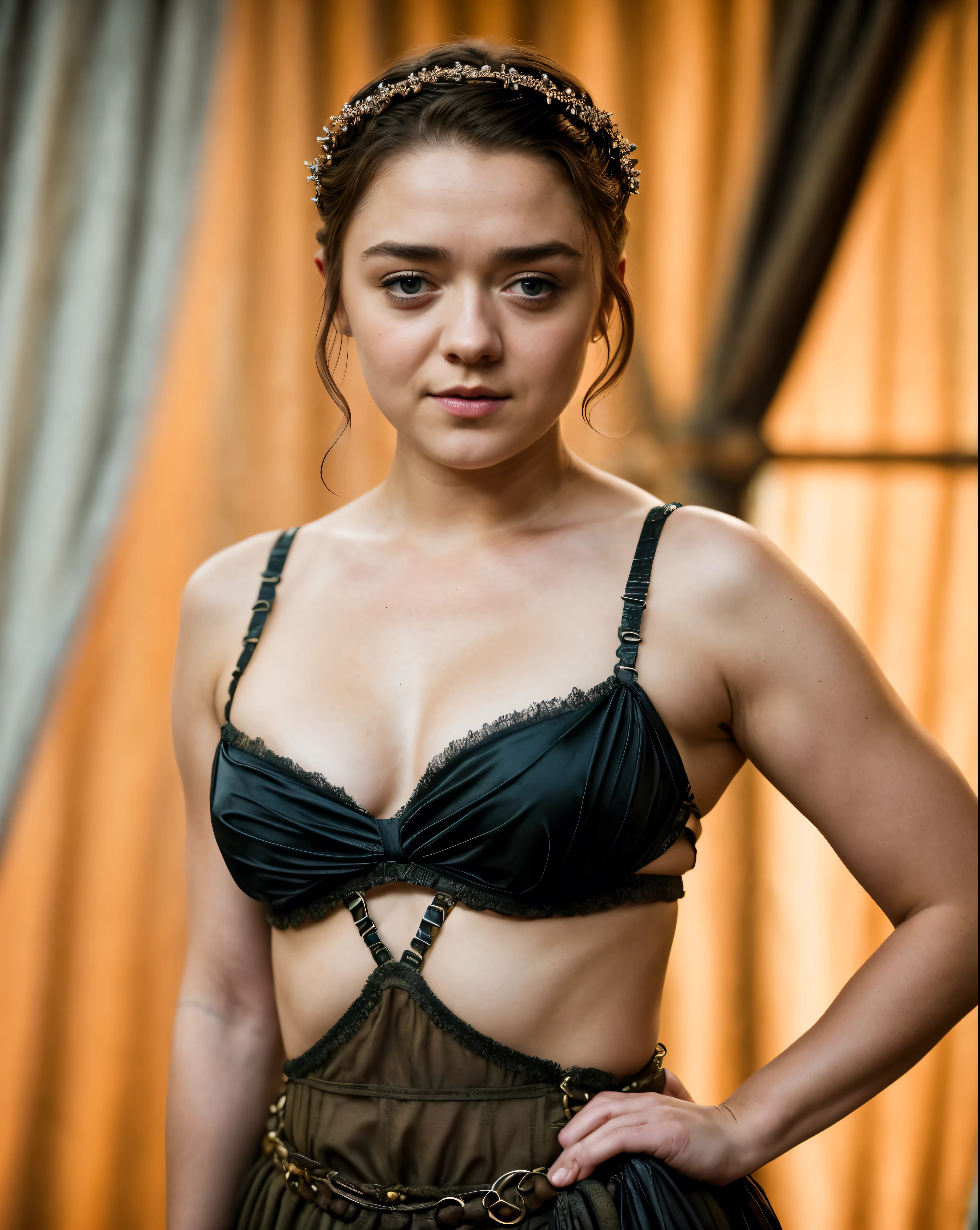 Foto RAW, Arya Stark, Extremely gorgeous lady, Arya Stark PLAYED BY MAISIE WILLIAMS, Queen Arya Stark, she  a mature woman now, milf, sexy mediaeval battle dress, gladiator woman, body, 40 years old Woman, body revealing costumes, perky breast, big natural breast, erotic costumes, lusty physique, seductive figure can capture every people's attention, Game of thrones costumes, revealing captivating figure, Mediaeval costumes, revealing clothes, A tomboy, she would rather fence than dance, warrior queen , game of thrones screen caps, Game of Thrones Series, (pele altamente detalhada: 1.2), 8k UHD, DSLR, soft-lighting, alta qualidade, grain of film, Fujifilm XT3, flawless picture, highly detailed, detailed Beauty, intricate, 32k, sharp picture,