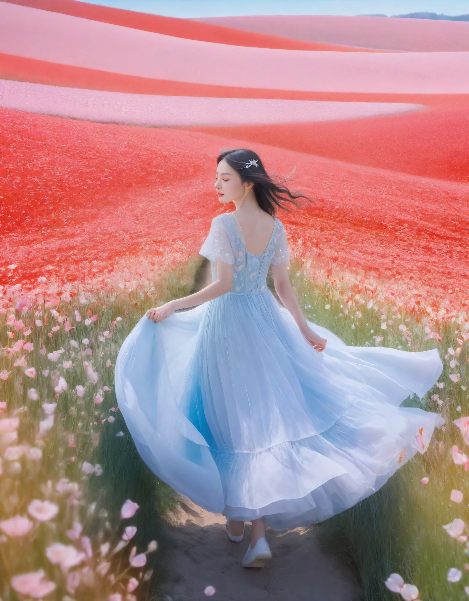 An ultra-detailed, photorealistic masterpiece in raw format, featuring a girl in vibrant red petals, surrounded by intricate crystal floral patterns, walking in a vast field of flowers under a clear blue sky, captured in 8k resolution with cinematic lighting and a dreamy, surreal ambiance.