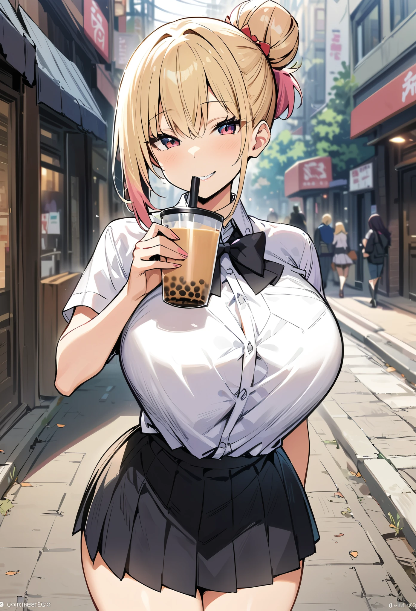 masterpiece, best quality, highres, JK,huge tit,1girl,pov, give viewer a cup of bubble tea, black bow,black bowtie,blonde hair,bow,bowtie,breasts,hair bun,long hair,looking at viewer,pink hair,pleated skirt,shirt tucked in,short hair,skirt,smile,tented shirt,in street