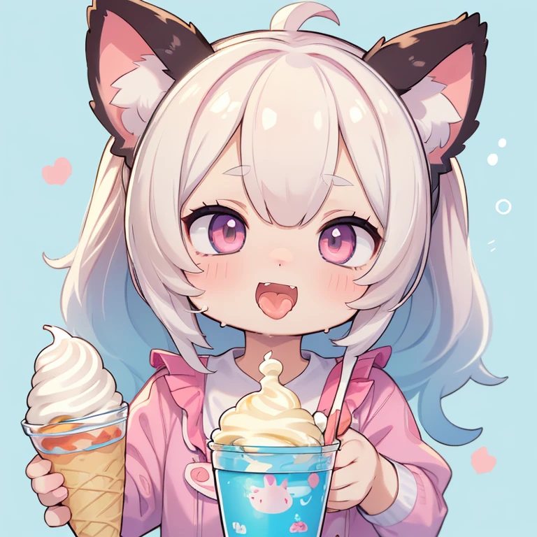 focus face , cat girl , round face , (tilt face:1.5) , (half-open eyes:1.2) , moist round eyes , (Double teeth:1.2) , innocent smile , glossy lips , (open mouth wide) , (show off uvula:1.2) , (dripping melted vanilla Soft serve ice cream on face:1.2) , licking Soft serve ice cream , grab Soft serve ice cream