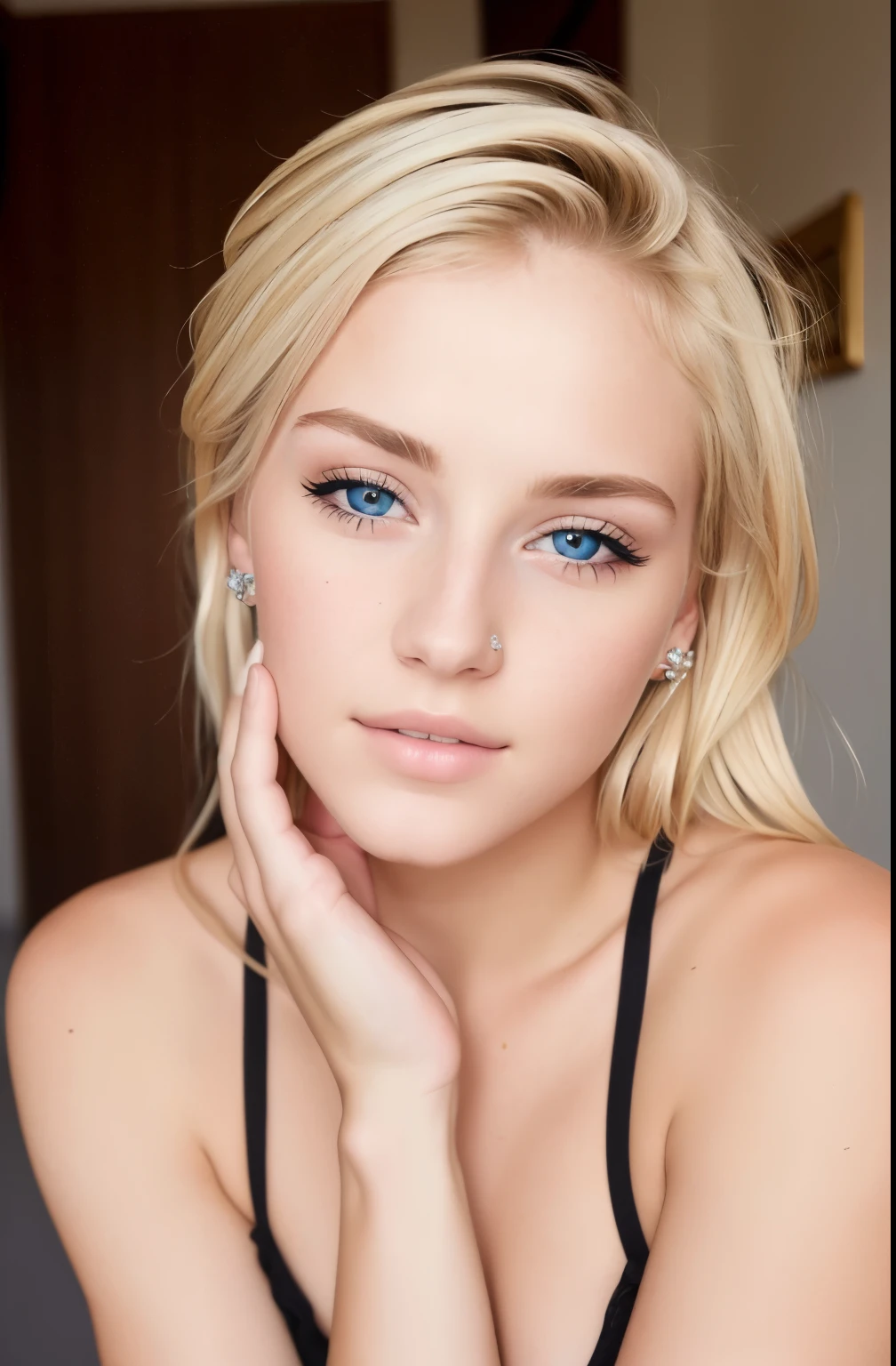 ((highest quality)), ((Ultra-high resolution)), ((Realistic)), (Intricate details), 19 years old, Blonde, Perfect Face, compensate:1.5, Light on the face, Facial details, naked, short hair,