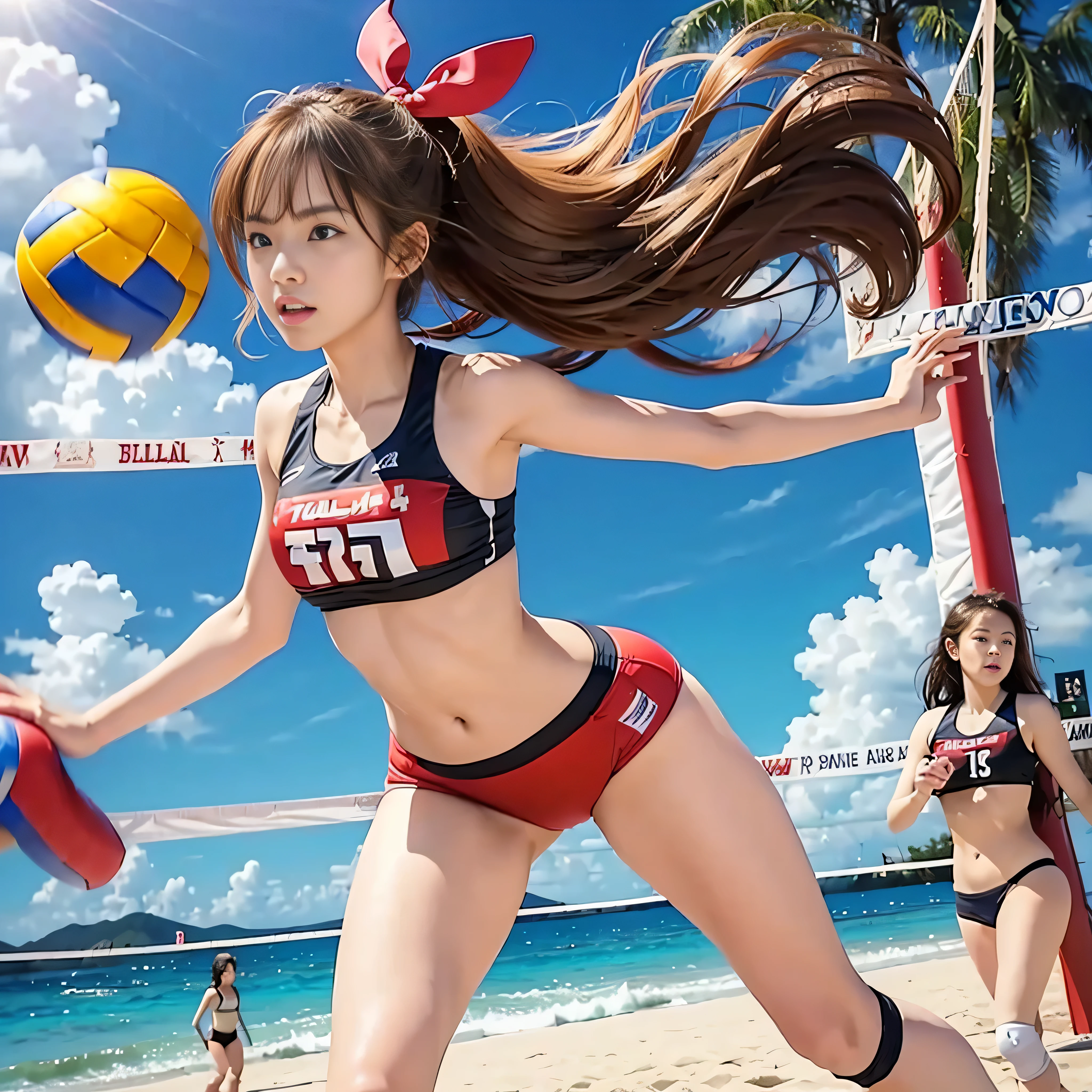 (RAW quality:1.4), 8K quality, {{10th generation women, White Mature Woman, Hundreds of girls, Thousands of girls, Multiple girls, Many girls, Girls only, Crowd Shot, Girls are friends}}, Looking at the Viewer, Hazel Eyes, Extremely detailed, Brown hair, Blonde Hair, Red Hair, Black hair, {{blue bikini, Matching Beach Volleyball Team Bikinis, Identical Bikinis, Same color bikini:1.4}}, Beach, Beach Party, Crowd of girls, Girls Party, The happi coat is open, Best Quality, High quality, Highly detailed anime screencaps, Brainwashed girl、(One woman with volleyball:1.4)、