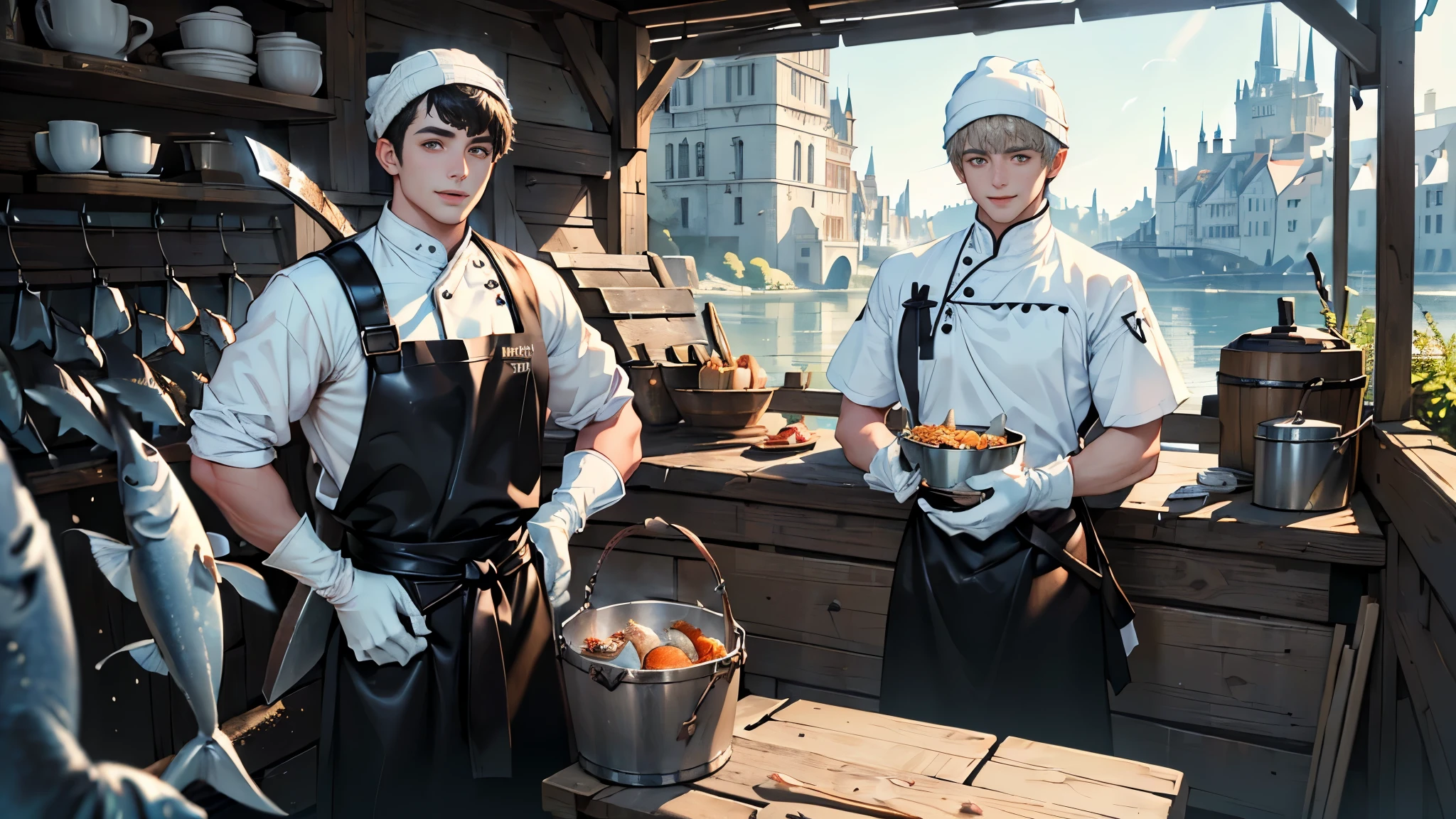 (((((male))))), masterpiece, ultra detailed, 8K Portrait, Raw photo, man's portrait photography, full body, Highly detailed face, ((Fantasy)), young man, 25 years old, 1 man, smile, (((Cooks))), laugh heartily, standing with hands on hips, (((bowl cut))), (((white skin color))), ((toque blanche), (((cook shirt))), white apron, ((leather gloves)), (((carrying a ax on his back))), Midday Sun, Hyper realistic, Long legs, at the medieval pier, (((Bucket full of fish))), Ambient lighting, Shadow details , Camera focus on face, Light fog