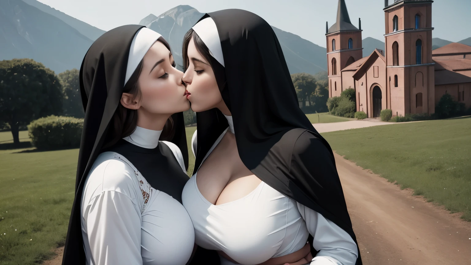 Two good-looking sexy nuns give them big but not huge breasts and show the cleavage. Slim waist and big hips Holding and almost kissing eachother. L Show them in front of a convent in a rural landscape