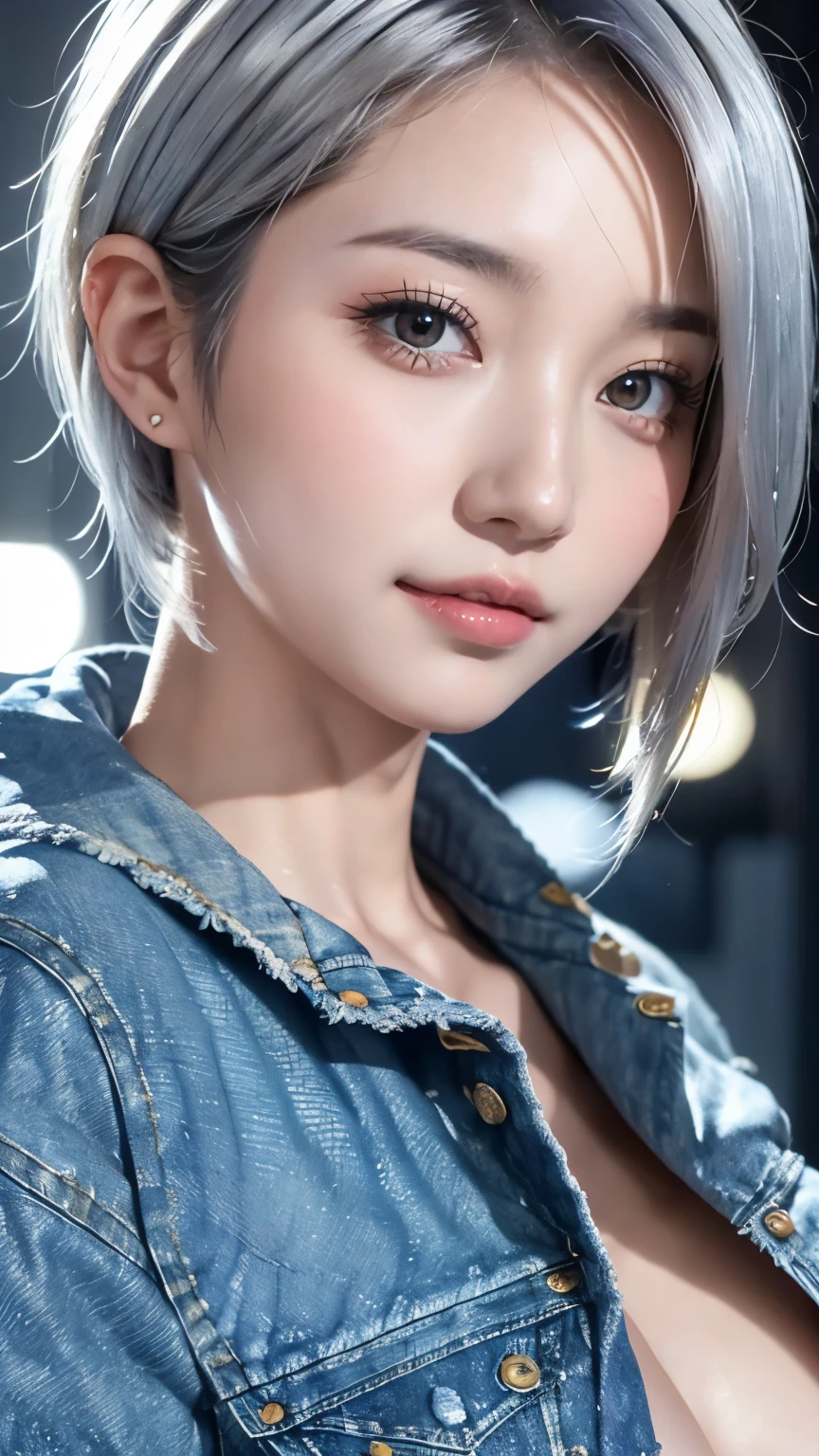 Realistic, masterpiece, highest quality, Highest Resolution, A portrait of a Japanese woman, depicting only the upper body, portrait background, A happy smile, slightly turned to the side, Always watching the audience, Beautifully detailed eyes, Dark Eyes, Looks sleepy, Sparkling eyes, (hidden creased eyelids:1.2), Thin eyebrows, Carefully draw eyelashes, Natural Makeup, (short hair, Silver Hair:1.3), Detailed face, (Close up on face:1.1), ((Denim Jacket), Topless:1.3)