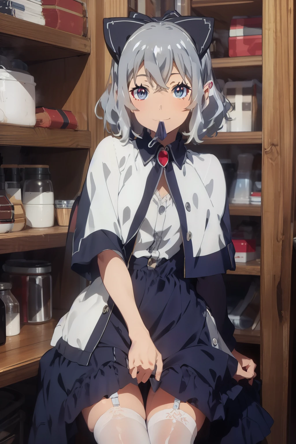 flora,sitting,realistic white lace panties,upskirt,skirt lift,crotch grab,
alone, Mouth closed, A light smile, Lightly reddish,
Grey Hair, short hair, Grey Eyes, Pointed Ears, bow, Small breasts,
White Dress, Short dress, Capelet, brooch,
Are standing, Looking at the audience,
indoor, wood, , masterpiece ,8k unity wallpaper,anime key visual,highest quality, High resolution, unity 8k wallpaper, (shape:0.8),anime coloring,highly detailed face, detailed eyes,growing eyes,shiny skin,fine skin,white skin,dense skin,detailed hair,highly detailed legs,perfect lighting, Detailed CG, (perfect hands, perfect anatomy),High resolution,(Detailed wear ),slender limbs, delicate curves, dainty hands,figure:0.8,white lace panties,
