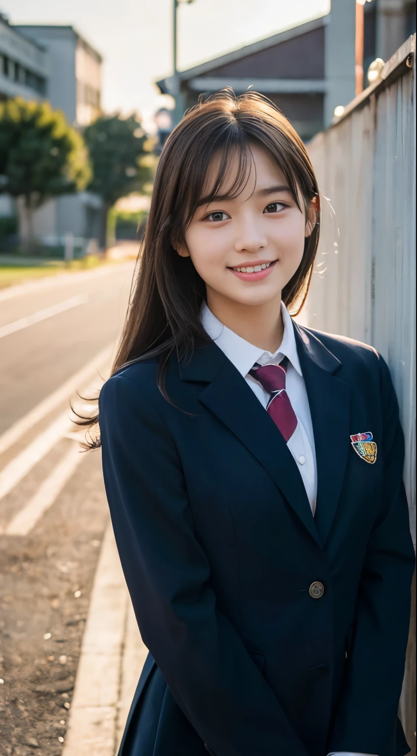 (highest quality,8K quality,masterpiece:1.3),(Ultra-high resolution,Photorealistic:1.4,RAW Photos),(Very detailed,Caustics,Detailed Background),(Ultra-Realistic Capture,Beautiful and detailed skin,Perfect ???????),At dusk,Sunset sky,School building,Schoolyard,18-year-old,cute,single eyelid,Black short bob,School Blazer Uniform,Looking at the camera,Laughter,Bust up shot,Natural soft light