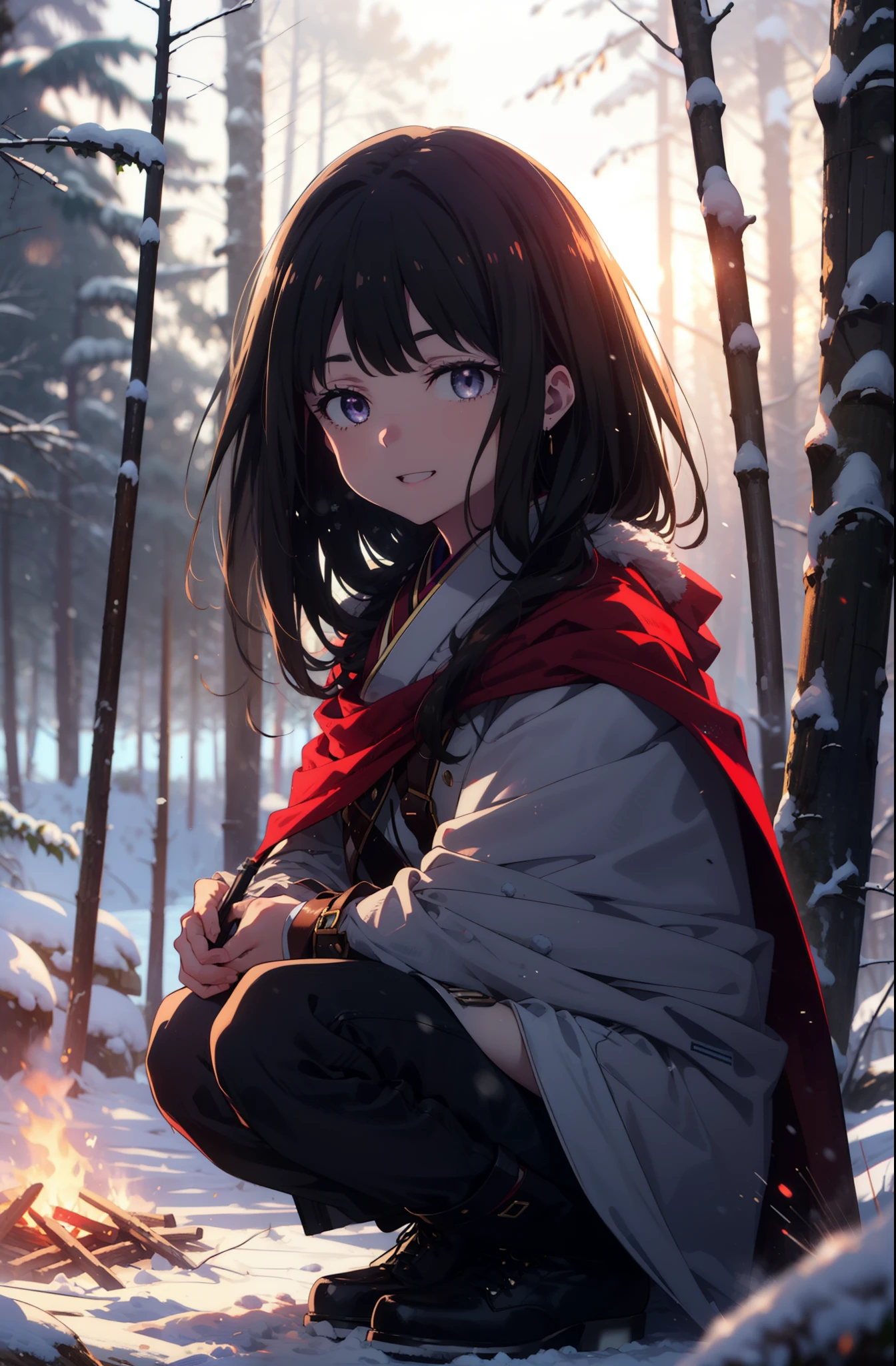 Takiuchi, Inoue Check, Long Hair, bangs, Black Hair, (Purple eyes:1.2),smile,
Open your mouth,snow, fire, Outdoor, boots, snowing, From the side, wood, suitcase, Cape, Blurred, forest, nature, Squat, Cape, winter, Written boundary depth, Black shoes, red Cape break looking at viewer, Upper Body, whole body, break Outdoor, forest, nature, break (masterpiece:1.2), highest quality, High resolution, unity 8k wallpaper, (shape:0.8), (Beautiful and beautiful eyes:1.6), Highly detailed face, Perfect lighting, Highly detailed CG, (Perfect hands, Perfect Anatomy),