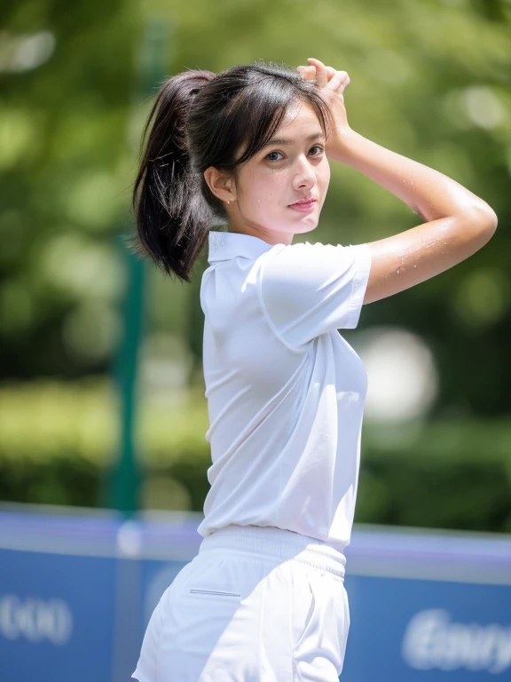 absurd, masterpiece, best quality, realistic, hyper-detailed, (shiny skin, sweaty:1.4), looking at viewer, slender, 1girl, solo, tennis wear, white polo shirt, white sneakers, white miniskirt, small breasts, (thick thighs:0.4), dynamic lighting, high resolution, sharp focus, depth of field, ponytail, black hair, blue eyes