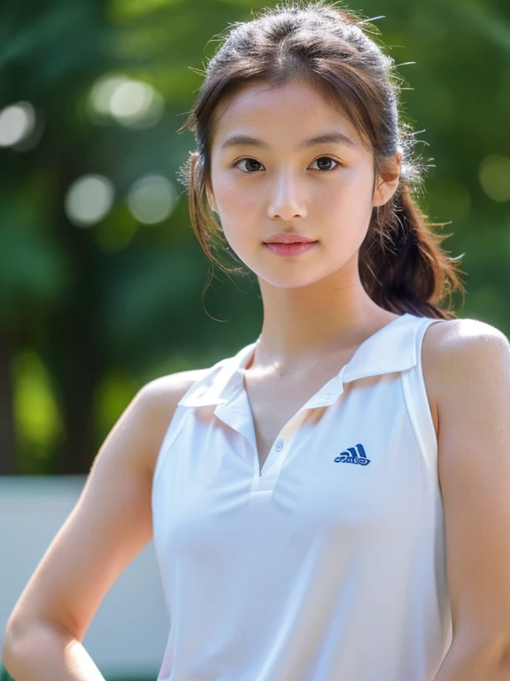 8K、High definition、Ultra Detail、Photorealistic、Realistic and accurate depiction、Realistic and accurate human anatomy、High resolution、Highest quality、Japanese beautiful girl、Highest quality, masterpiece, 超High resolution, (Realistic:1.4), RAW Photos, Girl playing tennis, 15 years old, The most famous Japanese idols, playing tennis at tennis court, cuteデザインのテニスユニフォームを着て, 非常に美しいBlack Hairのショートカット, 最も人気のある日本のアイドルのような非常にcute顔, ((Very beautiful big black eyes)), Very beautiful skin, Very beautiful body, Dynamic Pose, An innocent smile, cuteデザインの詳細なテニスユニフォーム、Natural Makeup、Perfect Skin、Charm、Active、Black Hair、cute、The ultimate beautiful girl