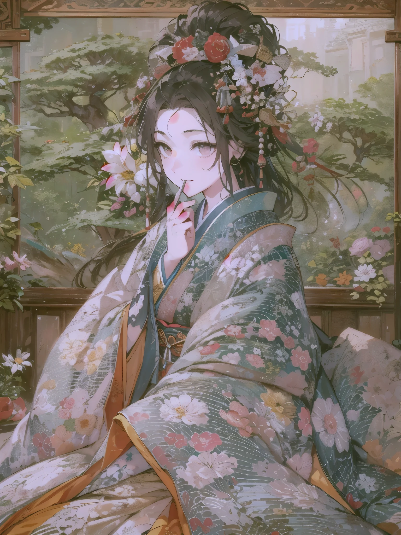 ((highest quality)),(Ultra-high resolution),(Very detailed),(Detailed Description),((The best CG)),(A masterpiece),Ultra-detailed art,Amazing painting art,(Japanese art, precisely rendered down to the smallest detail:1.5),Heian Emaki:1.7, (1 female:1.6),court poet:1.5,A kind smile:1.6, (A beautifully detailed 12-height:1.8), incense burner:1.4,