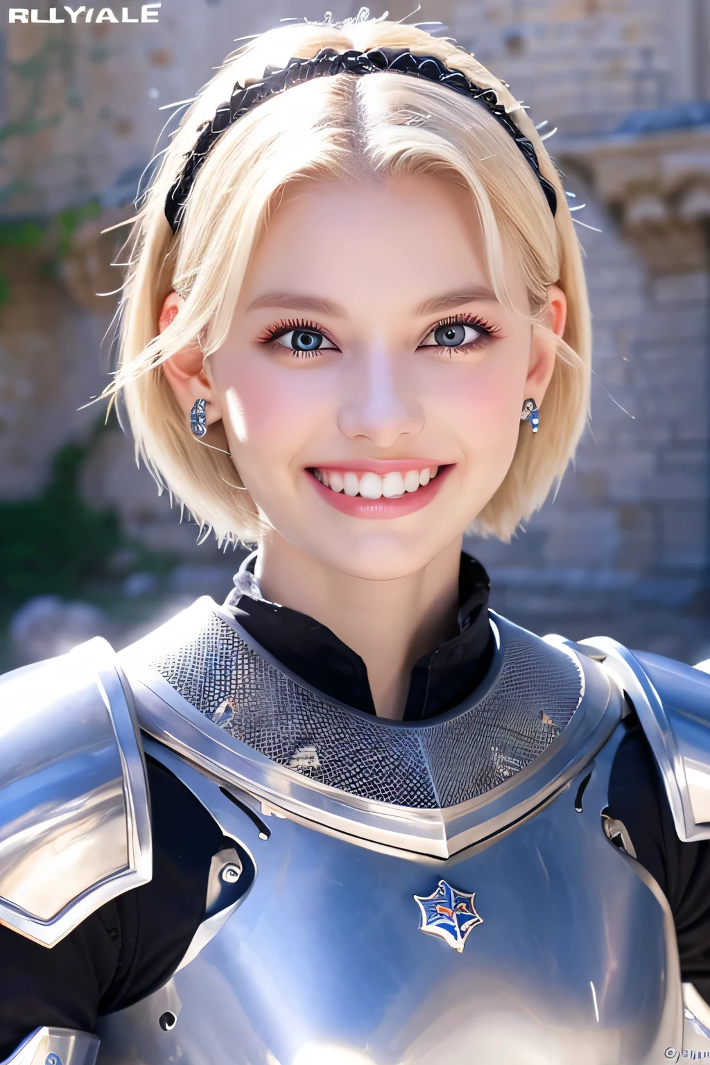 8K、highest quality、female knight、Luxurious Silver Armor、、hairstyle short cut、smile、beautiful teeth、full body photo、ear piercing、blonde、white woman、blue eyes、heavy makeup、The background is inside the castle