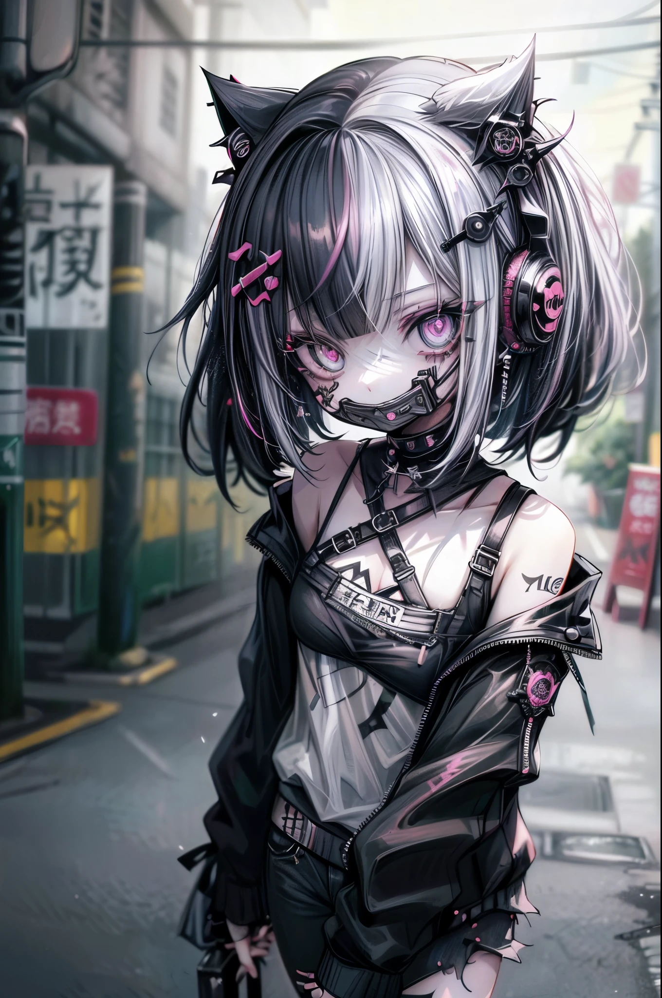 straight hair Punk girl.Tattoo, Headphones, 🎧, Goth_punk, One Girl, Medium Shot, ((at night)), Out of focus Depth of field, Neon Light, Rainbow Eyes, (iridescent red 髪), Lots of earrings, Labret, Facial piercing, bangs, mask, blunt bangs, Blurred background,Short Hair, Portraiture, Side Look, Goth, (masterpiece), (beautiful), (Upper Body), (high quality), (beautiful衣服), (Feminine features), (), (shapely massive chest), (Resistance的な表情), ((Resistance)), (Gothpunkファッション)(leather jacket), ((Short 髪)), ( Pink Hair), (Spiky Hair), (Thick 髪), Matte shine hair, (Whitening skin), (Band T-shirts), (Ripped jeans), ((Urban alley background)), (Close-up shot), Beautiful hands, both hands, Normal hand, Two Arms, Complete Hand, Beautiful body, Beautiful fingers, Normal finger, Five Fingers, Five Fingers, (Thumb Index Finger Ring Finger), Beautiful ears, Normal ear, Beautiful eyes, Shining Eyes, Beautiful mouth, Beautiful lips,(Model pose:1.3)