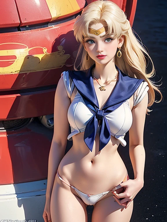 (best quality, 8k, photorealistic:1.5), (solo),(one girl:1.5),(Childish),(baby face),(pin up girl),(pinup model photos:1.3),(shiny skin),(oily skin),(blonde hair:1.3),(straight hair),(long hair:1.5),(beautiful girl),(cool beauty girl),(elegant woman),(Blush brown makeup),(dark eye makeup),(pink lipstick),(big beady eyes girl:1.3),(droopy eyes woman),(blue eyes girl:1.3),(impressive eyes),(expensive necklace), chuuChloe,(keep smiling),(looks fun:1.5),(mini thong:1.5),(healthy body),(Show off crotch:1.6),(ager girl:1.5),(sailor moon costume play:1.5),