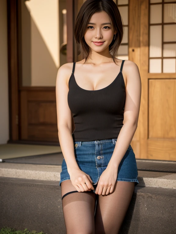 Face :9,503917907], Upper class real college girl、Wearing a short skirt and tank top、 (wearing pantyhose、very realistic pantyhose)、Height: 165cm, japanese model, short layered hair、japanese girl, Neat and clean Japan woman, laughter、japanese goddess, innocence、realistic pantyhose、RAW photo, (8k、highest quality、masterpiece:1.2)、(intricate details:1.4)、(Photoreal:1.4)、octane rendering、Ultra-detailed complex 3D renderings, studio light, rim light, vivid details, super detail, realistic pantyhose、realistic skin texture, details face, beautiful detailed eyes, Highly detailed CG Unity 16k wallpaper, compensate, (detailed background:1.2), shiny skin、looked back、exposed thighs!!!