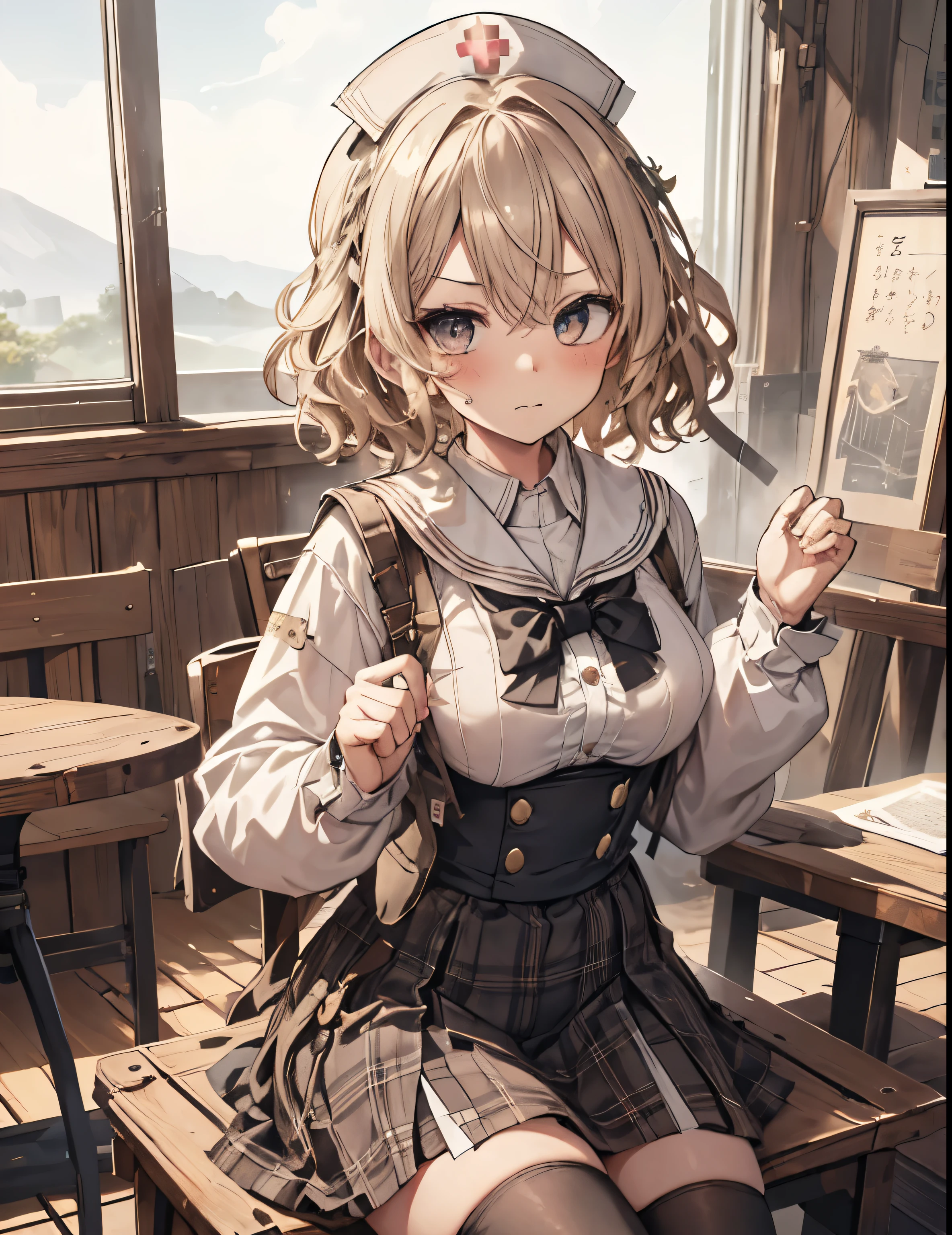 masterpiece, 1girl, sparrow, a blonde haired girl, wearing a sailor clothes, curly short hair, messy hair, slim body, he close her left eye, shirt ornament, ruby eyes, ahoge, , bige breast, beautiful breasts, rounded breasts, long sleeves, beautiful eyes, white stocking, droopy eyes, skirt, black skirt, plaid skirt, her age is 19 years old, ricefield, bowtie, sailor collar, flared skirt, tight shirt, skirt, nagisa_bluearchive, angry face, medium hair, angry face, curly hair, nurse cap, sit