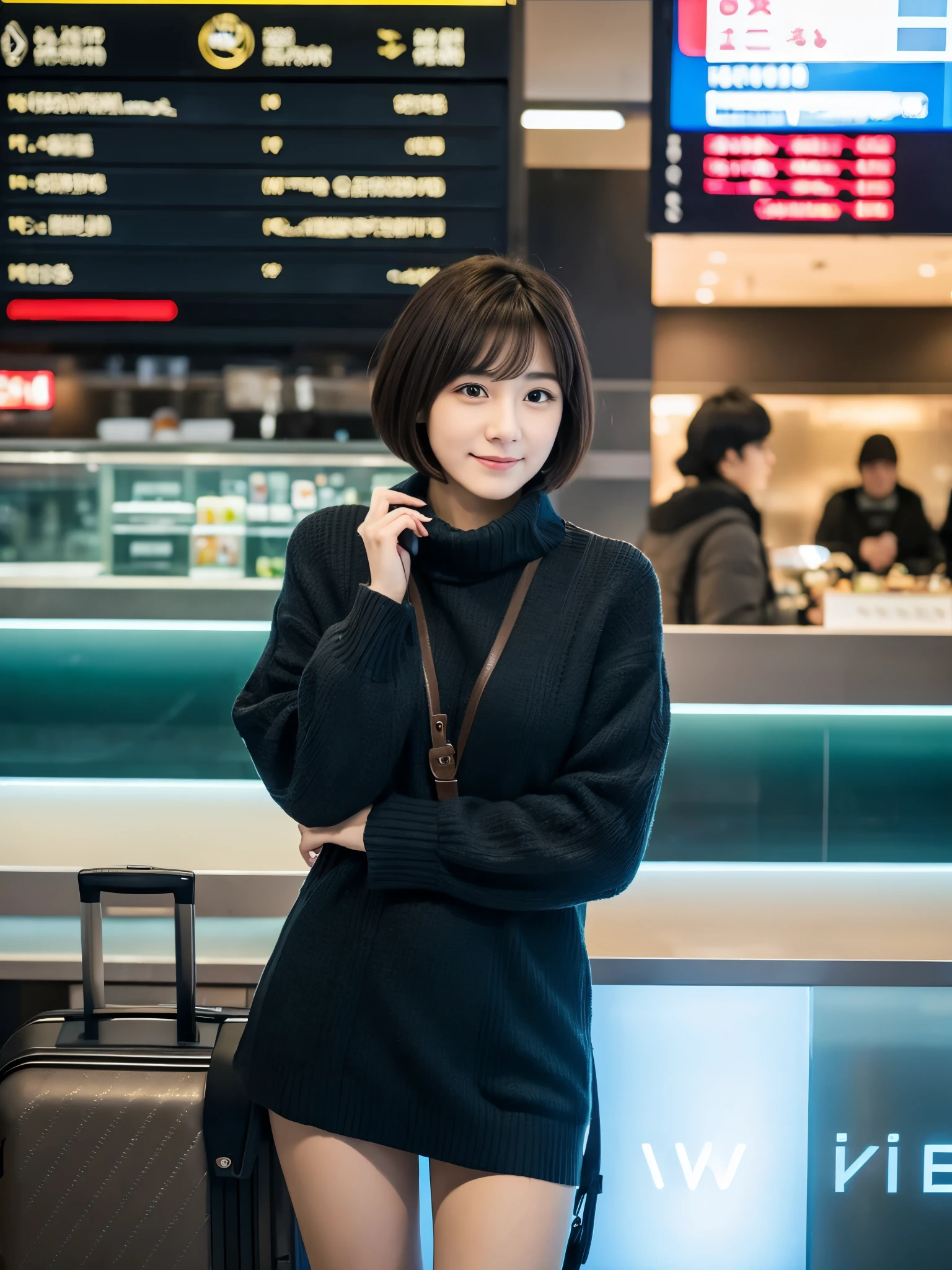 Photorealistic, 32k, Full body portrait,, Beautiful woman, attractive appearance, Clear division, short hair, 20-year-old, winter, With the airport lobby in the background,